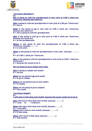 Coordinación Regional
-


“con futuro idiomático”:
Ex:
She is going to visit her grandparents in new york at 7:00 o´clock pm.
Tomorrow, because she wants to.

Who is going to visit her grandparents in new york at 7:00 pm. Tomorrow?.
R = she is.

What is she going to do in new york at 7:00 o´clock pm. Tomorrow,
because she wants to?.
R = she is going to visit her grandparents.

Who is she going to visit to in new york at 7:00 o´clock pm. Tomorrow,
because she wants to?.
R = to her grandparents.

Where is she going to visit her grandparents at 7:00 o´clock pm.
Tomorrow, because. . . . . .?.
R = in new york.

When is she going to visit her grandparents in new york, because. . . . . . .
.?.
R = at 7:00 o´clock pm. Tomorrow.

Why is she going to visit her grandparents in new york at 7:00 o´clock pm.
Tomorrow?.
R = because she wants to do it.

We are going to go to xalapa next week.

Who is going to xalapa next week?.
R = we are.

What are we going to do next week?.
R = to go to xalapa.

Where are we going to go to next week?.
R = to xalapa.

When are we going to go to xalapa?.
R = next week.

“con futuro simple”:
Ex:
I will work in that shop next month, because the owner wants me to do it.

Who will work in that shop next month, because. . . . . . .?.
R = I will. Or      I will do it.

What will I do in that shop next month, because. . . . . .?.
R = I will work.
Where will I work in next month, because. . . . . . .?.
R = in that shop.

When will I work in that shop, because. . . . . . . .?.
R = next month.




Página 130 de 213
 