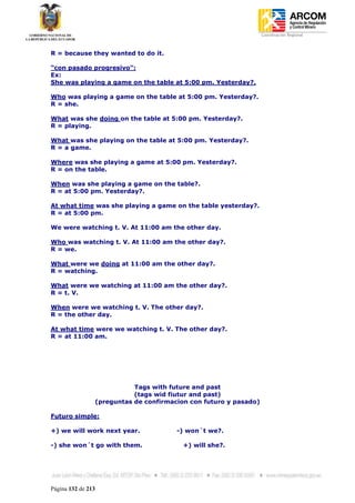Coordinación Regional
-


R = because they wanted to do it.

“con pasado progresivo”:
Ex:
She was playing a game on the table at 5:00 pm. Yesterday?.

Who was playing a game on the table at 5:00 pm. Yesterday?.
R = she.

What was she doing on the table at 5:00 pm. Yesterday?.
R = playing.

What was she playing on the table at 5:00 pm. Yesterday?.
R = a game.

Where was she playing a game at 5:00 pm. Yesterday?.
R = on the table.

When was she playing a game on the table?.
R = at 5:00 pm. Yesterday?.

At what time was she playing a game on the table yesterday?.
R = at 5:00 pm.

We were watching t. V. At 11:00 am the other day.

Who was watching t. V. At 11:00 am the other day?.
R = we.

What were we doing at 11:00 am the other day?.
R = watching.

What were we watching at 11:00 am the other day?.
R = t. V.

When were we watching t. V. The other day?.
R = the other day.

At what time were we watching t. V. The other day?.
R = at 11:00 am.




                           Tags with future and past
                           (tags wid fiutur and past)
                (preguntas de confirmacion con futuro y pasado)

Futuro simple:

+) we will work next year.             -) won´t we?.

-) she won´t go with them.               +) will she?.




Página 132 de 213
 