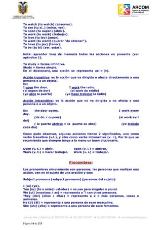 Coordinación Regional
-


To   watch (tu watch) (observar).
To   see (tu si..) (mirar, ver).
To   open (tu oupen) (abrir).
To   work (tu work) (trabajar).
To   love (tu lov) (amar).
To   want (tu wont) (querer “de obtener”).
To   have (tu jav) (tener).
To   be (tu bi) (ser, estar).

Nota: aprender bien de memoria todas las acciones en presente (ver
apéndice 1).

To study = forma infinitiva.
Study = forma simple.
En el diccionario, una acción se representa así = (v).

Acción transitiva: es la acción que va dirigida o afecta directamente a una
persona o a un objeto.
Ex:
I open the door.               I work the radio.
(ai oupen de dor)               (ai work de reidio)
(yo abro la puerta)          (yo hago trabajar la radio)

Acción intransitiva: es la acción que no va dirigida o no afecta a una
persona o a un objeto.

Ex:      the door opens.                                        I work every
day.
         (de do..r oupens)                                      (ai work evri
dei)
       ( la puerta abrirse = la puerta se abre)                   (yo trabajo
cada día)

Como pudo observar, algunas acciones tienen 2 significados, uno como
verbo transitivo (v.t.), y otro como verbo intransitivo (v. i.), Por lo que se
recomienda que siempre tenga a la mano un buen diccionario.


Open (v. t.) = abrir.              open (v. i.) = abrirse.
Work (v. t.) = hacer trabajar.     Work (v. i.) = trabajar.


                                 Pronombres:

Los pronombres simplemente son personas, las personas que realizan una
acción, van en el sujeto de una oración y son:

Subject pronouns (subyect pronouns) (personas del sujeto):

I (ai) (yo).
You (iu) (tú o usted; ustedes) = se usa para singular o plural.
We (ui) (nosotros / as) = representa a “i con otras personas.
They (dei) (ellos / ellas) = representa a 2 o más personas, cosas o
animales.
He (ji) (él) = representa a una persona de sexo masculino.
She (shi) (ella) = representa a una persona de sexo femenino.




Página 14 de 213
 