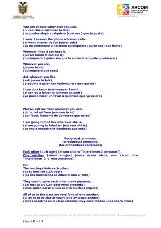 Coordinación Regional
-



You can choose whichever you like.
(iu can chu..s wichever iu laik)
(tu puedes elegir cualquiera (cual sea) que te guste)

I won´t answer the phone whoever calls.
(ai wont answer de fon juever cols)
(yo no contestare el telefono quienquiera (quien sea) que llame)

Whoever finds it can keep it.
(juever fainds it can kip it)
(quienquiera / quien sea que lo encuentre puede quedarselo)

Whoever you are.
(juever iu ar)
(quienquiera que seas)

Ask whoever you like.
(ask juever iu laik)
(pregunta a quien sea/quienquiera que gustes)

I can do a favor to whomever I want.
(ai can du a feivor tu jumever ai wont)
(yo puedo hacer un favor a quiensea que yo quiera)



Please, call me from wherever you are.
(pli..s, col mi from jwerever iu ar)
(por favor, llamame de dondesea que estes)

I am going to find her wherever she is.
(ai am gouing tu faind jer jwerever shi is)
(yo voy a encontrarla dondesea que este)


                             Reciprocal pronouns.
                            (wreciprocal pronouns)
                         (los pronombres reciprocos)

Each other (i..ch oder) (el uno al otro “intervienen 2 personas”).
One another (wuan anoder) (unos a/con otros, uno a/con                      otro
“intervienen 3 o más personas).

Ex:
The two boys hate each other.
(de tu bois jeit i..ch oder)
(los dos muchachos se odian el uno al otro)

They used to give each other many presents.
(dei iust tu giv i..ch oder meni presents)
(ellos solian darse el uno al otro muchos regalos)

All of us in the class are very fond of one another.
(ol ov os in de clas ar vewri fond ov wuan anoder)
(todos nosotros en la clase estamos muy encariñados unos con/a otros)




Página 142 de 213
 
