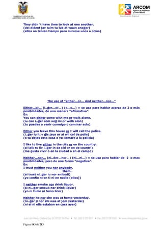 Coordinación Regional
-


They didn´t have time to look at one another.
(dei dident jav taim tu luk at wuan anoder)
(ellos no tenian tiempo para mirarse unos a otros)




                    The use of “either...or... And neither...nor...”

Either...or... (i..der...or...) (o...o...) = se usa para hablar acerca de 2 o más
posibilidades, de una manera “afirmativa”.
Ex:
You can either come with me or walk alone.
(iu can i..der com wid mi or wolk alon)
(tu puedes o venir conmigo o caminar solo)

Either you leave this house or I will call the police.
(i..der iu li..v dis jaus or ai wil col de polis)
(o tu dejas esta casa o yo llamare a la policia)

I like to live either in the city or on the country.
(ai laik tu liv i..der in de citi or on de countri)
(me gusta vivir o en la ciudad o en el campo)

Neither...nor... (ni..der...nor...) (ni...ni...) = se usa para hablar de 2 o mas
posibilidades, pero de una forma “negativa”.
Ex:
I trust neither you nor anybody.
                             them.
(ai trost ni..der iu nor enibodi)
(yo confio ni en ti ni en nadie (ellos))

I neither smoke nor drink liquor.
(ai ni..der smouk nor drink liquor)
(yo ni fumo ni tomo licor)

Neither he nor she was at home yesterday.
(ni..der ji nor shi was at jom yesterdei)
(ni el ni ella estaban en casa ayer)




Página 143 de 213
 