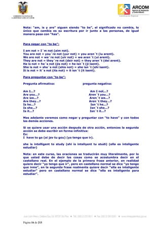 Coordinación Regional
-




Nota: “am, is y are” siguen siendo “to be”, el significado no cambia, lo
único que cambia es su escritura por ir junto a las personas, de igual
manera pasa con “has”.


Para negar con “to be”:

I am not = I´m not (aim not).
You are not = you´re not (yur not) = you aren´t (iu arent).
We are not = we´re not (uir not) = we aren´t (ui arent).
They are not = they´re not (deir not) = they aren´t (dei arent).
He is not = he´s not (jis not) = he isn´t (ji isent).
She is not = she´s not (shis not) = she isn´t (shi isent).
It is not = it´s not (its not) = it isn´t (it isent).

Para preguntar con “to be”:

Pregunta afirmativa:                   pregunta negativa:

Am I...?                                    Am I not...?
Are you...?                                Aren´t you...?
Are we...?                                 Aren´t we...?
Are they...?                               Aren´t they...?
Is he...?                                   Isn´t he...?
Is she...?                                  Isn´t she...?
Is it...?                                   Isn´t it...?

Mas adelante veremos como negar y preguntar con “to have” y con todos
las demás acciones.

Si se quiere usar una acción después de otra acción, entonces la segunda
acción se debe escribir en forma infinitiva:
Ex:
I have to go (ai jav tu gou) (yo tengo que ir).

she is intelligent to study (shi is inteliyent tu studi) (ella es inteligente
estudiar)

Nota: en este curso, las oraciones se traducirán muy literalmente, por lo
que usted debe de decir las cosas como se acostumbra decir en el
castellano real. En el ejemplo de la primera frase anterior, en realidad
quiere decir “yo tengo que ir”, pero en castellano normal se dice “yo tengo
que irme”, en la segunda frase realmente quiere decir “ella es inteligente
estudiar” pero en castellano normal se dice “ella es inteligente para
estudiar”.




Página 16 de 213
 
