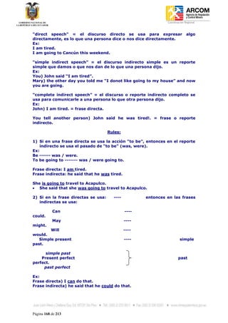 Coordinación Regional
-


“direct speech” = el discurso directo se usa para expresar                  algo
directamente, es lo que una persona dice o nos dice directamente.
Ex:
I am tired.
I am going to Cancún this weekend.

“simple indirect speech” = el discurso indirecto simple es un reporte
simple que damos o que nos dan de lo que una persona dijo.
Ex:
You) John said “I am tired”.
Mary) the other day you told me “I donot like going to my house” and now
you are going.

“complete indirect speech” = el discurso o reporte indirecto completo se
usa para comunicarle a una persona lo que otra persona dijo.
Ex:
John) I am tired. = frase directa.

You tell another person) John said he was tired!. = frase o reporte
indirecto.

                                     Rules:

1) Si en una frase directa se usa la acción “to be”, entonces en el reporte
    indirecto se usa el pasado de “to be” (was, were).
Ex:
Be ------ was / were.
To be going to ------- was / were going to.

Frase directa: I am tired.
Frase indirecta: he said that he was tired.

She is going to travel to Acapulco.
   She said that she was going to travel to Acapulco.

2) Si en la frase directas se usa:     ----          entonces en las frases
   indirectas se usa:

           Can                                ----
could.
           May                                ----
might.
        Will                                  ----
would.
   Simple present                             ----                     simple
past.

      simple past
    Present perfect                                                   past
perfect.
     past perfect

Ex:
Frase directa) I can do that.
Frase indirecta) he said that he could do that.




Página 168 de 213
 