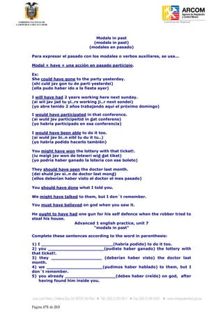 Coordinación Regional
-




                                Modals in past
                               (modals in past)
                             (modales en pasado)

Para expresar el pasado con los modales o verbos auxiliares, se usa...

Modal + have + una acción en pasado participio.

Ex:
She could have gone to the party yesterday.
(shi culd jav gon tu de parti yesterdei)
(ella pudo haber ido a la fiesta ayer)

I will have had 2 years working here next sunday.
(ai wil jav jad tu yi..rs working ji..r next sondei)
(yo abre tenido 2 años trabajando aquí el próximo domingo)

I would have participated in that conference.
(ai wuld jav participeitid in dat conferens)
(yo habría participado en esa conferencia)

I would have been able to do it too.
(ai wuld jav bi..n eibl tu du it tu..)
(yo habría podido hacerlo también)

You might have won the lottery with that ticket!.
(iu maigt jav won de lotewri wid dat tiket)
(yo podría haber ganado la lotería con ese boleto)

They should have seen the doctor last month.
(dei shuld jav si..n de doctor last mond)
(ellos deberían haber visto el doctor el mes pasado)

You should have done what I told you.

We might have talked to them, but I don´t remember.

You must have believed on god when you saw it.

He ought to have had one gun for his self defence when the robber tried to
steal his house.
                   Advanced 1 english practice, unit 7
                           "modals in past"

Complete these sentences according to the word in parenthesis:

1) I ___________________________(habría podido) to do it too.
2) you _____________________(pudiste haber ganado) the lottery with
that ticket!.
3) they ___________________ (deberían haber visto) the doctor last
month.
4) we _____________________(pudimos haber hablado) to them, but I
don´t remember.
5) you already ___________________(debes haber creído) on god, after
   having found him inside you.




Página 171 de 213
 