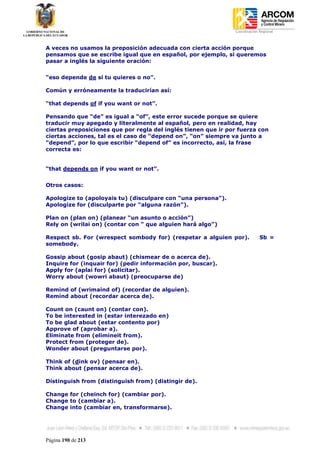 Coordinación Regional
-


A veces no usamos la preposición adecuada con cierta acción porque
pensamos que se escribe igual que en español, por ejemplo, si queremos
pasar a inglés la siguiente oración:


“eso depende de si tu quieres o no”.

Común y erróneamente la traducirían así:

“that depends of if you want or not”.

Pensando que “de” es igual a “of”, este error sucede porque se quiere
traducir muy apegado y literalmente al español, pero en realidad, hay
ciertas preposiciones que por regla del inglés tienen que ir por fuerza con
ciertas acciones, tal es el caso de “depend on”, “on” siempre va junto a
“depend”, por lo que escribir “depend of” es incorrecto, así, la frase
correcta es:


“that depends on if you want or not”.


Otros casos:

Apologize to (apoloyais tu) (disculpare con “una persona”).
Apologize for (disculparte por “alguna razón”).

Plan on (plan on) (planear “un asunto o acción”)
Rely on (wrilai on) (contar con “ que alguien hará algo”)

Respect sb. For (wrespect sombody for) (respetar a alguien por).            Sb =
somebody.

Gossip about (gosip abaut) (chismear de o acerca de).
Inquire for (inquair for) (pedir información por, buscar).
Apply for (aplai for) (solicitar).
Worry about (wowri abaut) (preocuparse de)

Remind of (wrimaind of) (recordar de alguien).
Remind about (recordar acerca de).

Count on (caunt on) (contar con).
To be interested in (estar interezado en)
To be glad about (estar contento por)
Approve of (aprobar a).
Eliminate from (elimineit from).
Protect from (proteger de).
Wonder about (preguntarse por).

Think of (dink ov) (pensar en).
Think about (pensar acerca de).

Distinguish from (distinguish from) (distingir de).

Change for (cheinch for) (cambiar por).
Change to (cambiar a).
Change into (cambiar en, transformarse).




Página 190 de 213
 