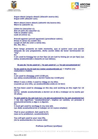 Coordinación Regional
-




Argue about (arguiu abaut) (discutir acerca de).
Argue with (discutir con).

Warn about (worn abaut) (advertir de/acerca de).
Warn to (advertir a).

Listen to (escuchar a).
Aim at (eim at) (apuntar a).
Talk to (hablar con).
Look at (mirar a).

Prevail against (priveil agueinst) (prevalecer sobre).
Dress in (dres in) (vestir de).
Laugh at (laf at) (reir o reirse de).
Etc. Etc. Etc...

Pero tenga presente en todo momento, que si quiere usar una acción
después de una preposición, dicha acción debe de tener terminación en
“ing”.
Ex:
I am used to kissing her on her lips (ai am iust tu kising jer on jer lips) (yo
estoy acostumbrado a besarla en sus labios).


    El uso de “to be used to”, “to get used to”, y “to get accustomed to”

To be used to (tu bi iust tu) (estar acostumbrado a) = implica una
costumbre o habito.
Ex:
I am used to sleeping until 12:00 pm.
(yo estoy acostumbrado a dormir hasta las 12:00 pm)

When I was a child, I used to riding on my bike.
(cuando yo era niño, yo acostumbraba anda en mi bici)

He has been used to sleeping on the day and working on the night for 15
years.
(el ha estado acostumbrado a dormir en el día y trabajar en la noche por
15 años)

To get used to (tu get iust tu) y to get accustomed to (tu get acustomd tu)
= las dos significan “acostumbrarse”, implica un cambio, un proceso o
acostumbramiento a algo o a alguien.
Ex:
I must get used to working in my new job.
(yo debo acostumbrarme a trabajar en mi nuevo empleo)

That is your problem!, Get used to it!.
(ese es tu problema!, acostúmbrate!)

You will get used to your new life.
(tú te acotumbarás a tu nueva vida)


                        Prefixes (prifixes) (prefijos)




Página 191 de 213
 