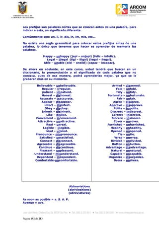 Coordinación Regional
-




Los prefijos son palabras cortas que se colocan antes de una palabra, para
indicar a esta, un significado diferente.

Comúnmente son: un, il, ir, dis, in, im, mis, etc...

No existe una regla gramatical para colocar estos prefijos antes de una
palabra, lo único que tenemos que hacer es aprender de memoria las
palabras.

                    Happy – unhappy (japi – onjapi) (feliz – infeliz).
                      Legal – illegal (ligl – iligal) (legal – ilegal).
                    Able – unable (eibl – oneibl) (capaz – incapaz).

De ahora en adelante, en este curso, usted tendrá que buscar en un
diccionario, la pronunciación y el significado de cada palabra que no
conozca, pues de esa manera, podrá aprenderlas mejor, ya que se le
grabaran mas en su memoria.

           Believable – unbelievable.                               Armed – disarmed.
              Regular – irregular.                                     Fold – unfold.
               patient – impatient.                                    Tidy – untidy.
              Honest – dishonest.                                Fortunate – unfortunate.
            Accurate – inaccurate.                                     Fair – unfair.
              Appear – disappear.                                    Agree – disagree.
                infect – disinfect.                               Approve – disapprove.
                Obey – disobey.                                      Polite – impolite.
              Inherit – disinherit.                                Discreet – indiscreet.
                 Like – dislike.                                    Correct – incorrect.
          Convenient – inconvenient.                                Sincere – insincere.
           Attractive – unattractive.                                Cover – uncover.
                 Real – unreal.                                  Furnished – unfurnished.
               Legible – illegible.                                Healthy – unhealthy.
                 kind – unkind.                                    Opened – unopened.
          Pronounce – mispronounce.                                     Tie – untie.
            Satisfied – unsatisfied.                                  Wrap – unwrap.
             Connect – disconnect.                                 Divided – undivided.
           Agreeable – disagreeable.                                Button – unbutton.
            Continue – discontinue.                             Advantage – disadvantage.
            Pleasant – unpleasant.                                 Natural – unnatural.
         Understand – misunderstand.                               Capable – uncapable.
           Dependent – independent.                               Organize – disorganize.
         Comfortable-uncomfortable.                                  Dress – undress.




                                      Abbreviations
                                     (abrivieshions)
                                     (abreviaturas)

As soon as posible = a. S. A. P.
Avenue = ave.




Página 192 de 213
 