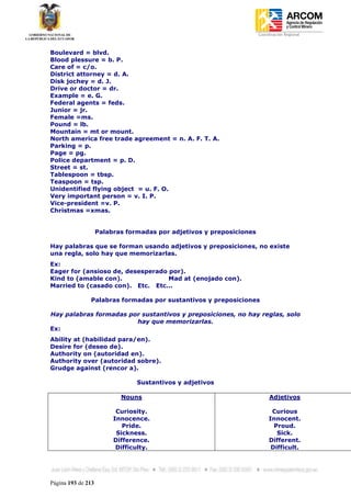 Coordinación Regional
-


Boulevard = blvd.
Blood plessure = b. P.
Care of = c/o.
District attorney = d. A.
Disk jochey = d. J.
Drive or doctor = dr.
Example = e. G.
Federal agents = feds.
Junior = jr.
Female =ms.
Pound = lb.
Mountain = mt or mount.
North america free trade agreement = n. A. F. T. A.
Parking = p.
Page = pg.
Police department = p. D.
Street = st.
Tablespoon = tbsp.
Teaspoon = tsp.
Unidentified flying object = u. F. O.
Very important person = v. I. P.
Vice-president =v. P.
Christmas =xmas.


                    Palabras formadas por adjetivos y preposiciones

Hay palabras que se forman usando adjetivos y preposiciones, no existe
una regla, solo hay que memorizarlas.
Ex:
Eager for (ansioso de, desesperado por).
Kind to (amable con).              Mad at (enojado con).
Married to (casado con). Etc. Etc...

               Palabras formadas por sustantivos y preposiciones

Hay palabras formadas por sustantivos y preposiciones, no hay reglas, solo
                        hay que memorizarlas.
Ex:
Ability at (habilidad para/en).
Desire for (deseo de).
Authority on (autoridad en).
Authority over (autoridad sobre).
Grudge against (rencor a).

                                Sustantivos y adjetivos

                           Nouns                                           Adjetivos

                          Curiosity.                                        Curious
                         Innocence.                                        Innocent.
                            Pride.                                           Proud.
                          Sickness.                                           Sick.
                         Difference.                                       Different.
                          Difficulty.                                       Difficult.




Página 193 de 213
 