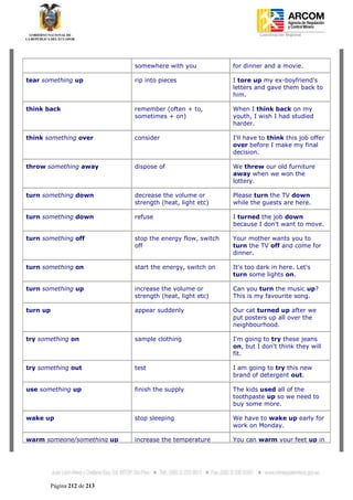 Coordinación Regional
          -




                              somewhere with you             for dinner and a movie.

tear something up             rip into pieces                I tore up my ex-boyfriend's
                                                             letters and gave them back to
                                                             him.

think back                    remember (often + to,          When I think back on my
                              sometimes + on)                youth, I wish I had studied
                                                             harder.

think something over          consider                       I'll have to think this job offer
                                                             over before I make my final
                                                             decision.

throw something away          dispose of                     We threw our old furniture
                                                             away when we won the
                                                             lottery.

turn something down           decrease the volume or         Please turn the TV down
                              strength (heat, light etc)     while the guests are here.

turn something down           refuse                         I turned the job down
                                                             because I don't want to move.

turn something off            stop the energy flow, switch   Your mother wants you to
                              off                            turn the TV off and come for
                                                             dinner.

turn something on             start the energy, switch on    It's too dark in here. Let's
                                                             turn some lights on.

turn something up             increase the volume or         Can you turn the music up?
                              strength (heat, light etc)     This is my favourite song.

turn up                       appear suddenly                Our cat turned up after we
                                                             put posters up all over the
                                                             neighbourhood.

try something on              sample clothing                I'm going to try these jeans
                                                             on, but I don't think they will
                                                             fit.

try something out             test                           I am going to try this new
                                                             brand of detergent out.

use something up              finish the supply              The kids used all of the
                                                             toothpaste up so we need to
                                                             buy some more.

wake up                       stop sleeping                  We have to wake up early for
                                                             work on Monday.

warm someone/something up     increase the temperature       You can warm your feet up in




          Página 212 de 213
 
