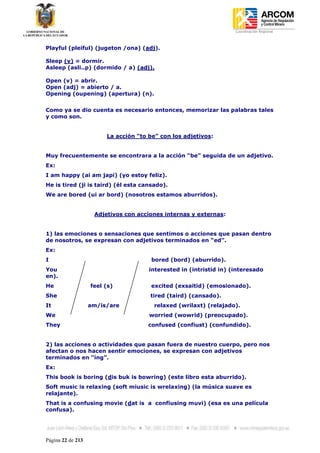 Coordinación Regional
-


Playful (pleiful) (jugeton /ona) (adj).

Sleep (v) = dormir.
Asleep (asli..p) (dormido / a) (adj).

Open (v) = abrir.
Open (adj) = abierto / a.
Opening (oupening) (apertura) (n).


Como ya se dio cuenta es necesario entonces, memorizar las palabras tales
y como son.


                        La acción “to be” con los adjetivos:


Muy frecuentemente se encontrara a la acción “be” seguida de un adjetivo.
Ex:
I am happy (ai am japi) (yo estoy feliz).
He is tired (ji is taird) (él esta cansado).
We are bored (ui ar bord) (nosotros estamos aburridos).


                    Adjetivos con acciones internas y externas:


1) las emociones o sensaciones que sentimos o acciones que pasan dentro
de nosotros, se expresan con adjetivos terminados en “ed”.
Ex:
I                                      bored (bord) (aburrido).
You                                   interested in (intristid in) (interesado
en).
He                 feel (s)            excited (exsaitid) (emosionado).
She                                   tired (taird) (cansado).
It                 am/is/are            relaxed (wrilaxt) (relajado).
We                                    worried (wowrid) (preocupado).
They                                  confused (confiust) (confundido).


2) las acciones o actividades que pasan fuera de nuestro cuerpo, pero nos
afectan o nos hacen sentir emociones, se expresan con adjetivos
terminados en “ing”.
Ex:
This book is boring (dis buk is bowring) (este libro esta aburrido).
Soft music is relaxing (soft miusic is wrelaxing) (la música suave es
relajante).
That is a confusing movie (dat is a confiusing muvi) (esa es una película
confusa).




Página 22 de 213
 