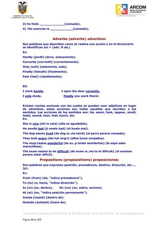 Coordinación Regional
-


3) he feels _____________(cansado).
4) the exercise is ____________(cansado).


                     Adverbs (adverbs) adverbios:
Son palabras que describen como se realiza una acción y en el diccionario
se identifican así = (adv. O ad.)
Ex:
Hardly (jardli) (duro, arduamente).
Correctly (correctli) (correctamente).
Only (onli) (solamente, solo).
Finally (fainalli) (finalmente).
Fast (fast) (rápidamente).


EX:
I work hardly.             I open the door correctly.
I only study.                Finally you work there!.


Existen ciertas acciones con las cuales se pueden usar adjetivos en lugar
de adverbios, estas acciones son todas aquellas que escriben a los
sentidos. Las acciones de los sentidos son: be, seem, look, appear, smell,
taste, sound, hear, feel, touch, etc.
Ex:
She is nice (shi is nais) (ella es agradable).
He smells bad (ji smels bad) (el huele mal).
The dog seems tired (de dog si..ms taird) (el perro parece cansado).
They look angry (dei luk angri) (ellos lucen enojados).
The soup tastes wonderful (de su..p teists wonderfuk) (la sopa sabe
maravillosa).
The exam seems to be difficult (de exam si..ms tu bi dificult) (el examen
parece estar dificil).

              Prepositions (preposishions) preposiciones:
Son palabras que expresan posición, procedencia, destino, dirección, etc…,
(p).
Ex:
From (from) (de, “indica procedencia”).
To (tu) (a, hacia, “indica dirección”).
In (in) (en, dentro).     On (on) (en, sobre, encima).
At (at) (en, “indica posición permanente”).
Inside (insaid) (dentro de).
Outside (autsaid) (fuera de).




Página 24 de 213
 