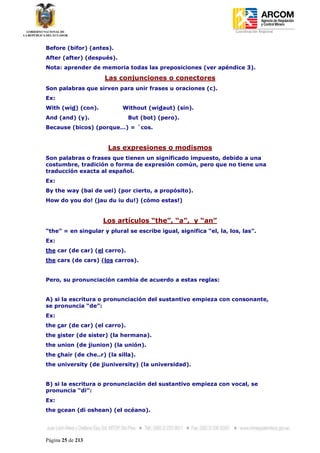 Coordinación Regional
-


Before (bifor) (antes).
After (after) (después).
Nota: aprender de memoria todas las preposiciones (ver apéndice 3).

                     Las conjunciones o conectores
Son palabras que sirven para unir frases u oraciones (c).
Ex:
With (wid) (con).           Without (widaut) (sin).
And (and) (y).                 But (bot) (pero).
Because (bicos) (porque…) = ´cos.


                      Las expresiones o modismos
Son palabras o frases que tienen un significado impuesto, debido a una
costumbre, tradición o forma de expresión común, pero que no tiene una
traducción exacta al español.
Ex:
By the way (bai de uei) (por cierto, a propósito).
How do you do! (jau du iu du!) (cómo estas!)


                     Los artículos “the”, “a”, y “an”
“the” = en singular y plural se escribe igual, significa “el, la, los, las”.
Ex:
the car (de car) (el carro).
the cars (de cars) (los carros).


Pero, su pronunciación cambia de acuerdo a estas reglas:


A) si la escritura o pronunciación del sustantivo empieza con consonante,
se pronuncia “de”:
Ex:
the car (de car) (el carro).
the sister (de sister) (la hermana).
the union (de jiunion) (la unión).
the chair (de che..r) (la silla).
the university (de jiuniversity) (la universidad).


B) si la escritura o pronunciación del sustantivo empieza con vocal, se
pronuncia “di”:
Ex:
the ocean (di oshean) (el océano).




Página 25 de 213
 