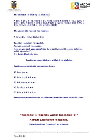 Coordinación Regional
-


The alphabet (di alfabet) (el alfabeto):


A (ei), b (bi), c (ci), d (di), e (i), f (ef), g (gi), h (eich), i (ai), j (yei), k
(kei), l (el), m (em), n (en), o (ou), P (pi), q (quiu), r (ar), s (es), t (ti), u
(iu), v(vi), w (dobl-iu), x (ex), y (wai), z (zid).


The vowels (de vowels) (las vocales):


A (ei), e (i), i (ai), o (ou), u (iu).


Cuestion (cuestion) (pregunta).
Answer (answer) (respuesta).
How do you spell your name? (jau du iu spel iur neim?) (¿cómo deletrea
usted su nombre?)
R = Omar, Elizabeth, etc…


                   Practica de inglés básico 1, unidad 2, el alfabeto.


Practique pronunciando esta serie de letras.


1) A, e, i, o, u.


2) G, h, j, r, d, k, l, y, p.


3) E, i, o, a, u, w, b, v.


4) Q, f, k, z, g, j, y, t.


5) A, b, s, d, f, l, k, j, h.


Practique deletreando todas las palabras vistas hasta este punto del curso.




        *appendix 1 (apendix wuan) (apéndice 1)*

                       Actions (acshions) (acciones)
                      Lista de acciones (regulares) en presente:




Página 28 de 213
 
