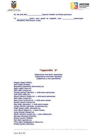 Coordinación Regional
-


6) He and she ____________ (querer hablar a) those persons.

7) ___________(para ser) good at english, you __________(tenerque
   estudiar) two hours a day.




                           *appendix 2*
                      Adjectives and their opposites
                      (adyectives and deir oposits)
                       (adjetivos y sus opuestos)

Happy (japi) (feliz).
Sad (sad) (triste).
Beautiful (biutiful) (hermoso/a).
Ugly (ogli) (feo/a).
Old (old) (viejo/a).
Young (yong) (joven). = solo para personas.
Tall (tol) (alto/a).
Short (short) (bajo/a). = solo para personas.
Old (old) (viejo/a).
New (niu) (nuevo/a). = solo para cosas.
Small (smol) (chico/a).
Big (big) (grande). = solo para cosas.
Large (lerch) (grande, numeroso/a).
High (jaig) (alto, elevado/a).
Low (lou) (bajo/a). = para cosas.
Long (long) (largo/a).
Short (short) (corto/a). = para distancia.
Strong (strong) (fuerte).
Weak (wuik) (débil).
Fat (fat) (gordo/a).
Thin (din) (delgado/a; flaco/a).
Pretty (priti) (bonita).




Página 36 de 213
 