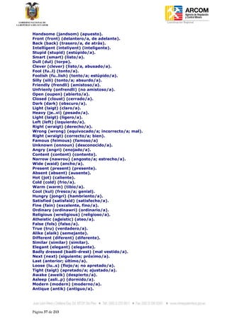 Coordinación Regional
-


Handsome (jandsom) (apuesto).
Front (front) (delantero/a, de adelante).
Back (back) (trasero/a, de atrás).
Intelligent (inteliyent) (inteligente).
Stupid (stupid) (estúpido/a).
Smart (smart) (listo/a).
Dull (dul) (torpe).
Clever (clever) (listo/a, abusado/a).
Fool (fu..l) (tonto/a).
Foolish (fu..lish) (tonto/a; estúpido/a).
Silly (sili) (tonto/a; absurdo/a).
Friendly (frendli) (amistoso/a).
Unfrienly (onfrendli) (no amistoso/a).
Open (oupen) (abierto/a).
Closed (cloust) (cerrado/a).
Dark (dark) (obscuro/a).
Light (laigt) (claro/a).
Heavy (je..vi) (pesado/a).
Light (laigt) (ligero/a).
Left (left) (izquierdo/a).
Right (wraigt) (derecho/a).
Wrong (wrong) (equivocado/a; incorrecto/a; mal).
Right (wraigt) (correcto/a; bien).
Famous (feimous) (famoso/a)
Unknown (onnoun) (desconocido/a).
Angry (angri) (enojado/a).
Content (content) (contento).
Narrow (nawrou) (angosto/a; estrecho/a).
Wide (waid) (ancho/a).
Present (present) (presente).
Absent (absent) (ausente).
Hot (jot) (caliente).
Cold (cold) (frio/a).
Warm (warm) (tibio/a).
Cool (kul) (fresco/a; genial).
Hungry (jongri) (hambriento/a).
Satisfied (satisfaid) (satisfecho/a).
Fine (fain) (excelente, fino/a).
Ordinary (ordinawri) (ordinario/a).
Religious (wreligious) (religioso/a).
Atheistic (adeistic) (ateo/a).
False (fols) (falso/a).
True (tru) (verdadero/a).
Alike (alaik) (semejante).
Different (diferent) (diferente).
Similar (similar) (similar).
Elegant (elegant) (elegante).
Badly dressed (badli-drest) (mal vestido/a).
Next (next) (siguiente; próximo/a).
Last (anterior; último/a).
Loose (lu..s) (flojo/a; no apretado/a).
Tight (taigt) (apretado/a; ajustado/a).
Awake (aweik) (despierto/a).
Asleep (asli..p) (dormido/a).
Modern (modern) (moderno/a).
Antique (antik) (antiguo/a).




Página 37 de 213
 