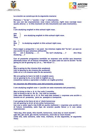 Coordinación Regional
-




La oración se construye de la siguiente manera:

Persona + “to be” + “acción + ing” + información.
Se usa con las expresiones: now (nau) (ahora); right now (wraigt nau)
(justo ahora) o in this moment (in dis moument) (en este momento).

Ex:
I am studying english in this school right now.

you
We             are studying english in this school right now.
They

he
She         is studying english in this school right now.
It

Para negar y preguntar = se usan las mismas reglas del “to be”, ya que es
esa acción la que estamos utilizando.
Ex:    am I studying . . .?.        He isn’t studying. . .?      Are they
studying. . .?

Con el presente progresivo también se expresa una acción que tenemos
planeada hacer en el futuro inmediato, en este caso se usa la acción “to be
going to (to bi gouing tu) (ir a... “de hacer”)”.

Ex:
She is going to the cinema this weekend.
(shi is gouing tu de cinema dis wuikend)
(ella va a ir al cinema este fin de semana).

We are going to learn to talk in english soon.
(ui ar gouing tu le..rn tu tolk in inglish su..n)
(nosotros vamos a aprender a hablar en inglés pronto)

Un resumen de diferentes usos del presente progresivo:

I am studying english now = (acción en este momento del presente).

She is living in the u. S. A. For only 2 months.
(shi is living in de iu. Es. Er. For onli tu monds)
(ella esta viviendo en u. S. A. Por solo dos meses) = expresa una acción o
evento en el presente, pero es pasajero o temporal.

I am going to be here at six o’ clock tomorrow
(ai am gouing tu bi jir at six ocloc tumowrou)
(yo voy a estar aquí a las 6:00 en punto mañana) = expresa una acción en
el futuro inmediato, este tipo de oración puede llevar o ir con estas
expresiones:

“this day, this week, this month, tomorrow, next day or next month”.
(dis dei, dis wuik, dis mond, tumowrou, next dei or next mond)
(este día, esta semana, este mes, mañana, el día siguiente, el siguiente
mes)




Página 64 de 213
 