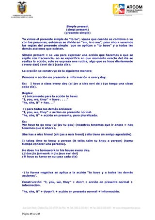 Coordinación Regional
-




                              Simple present
                              (simpl present)
                             (presente simple)

Ya vimos el presente simple de “to be”, vimos que cuando se combina o va
con las personas, entonces se divide en “am, is o are”, pero ahora veremos
las reglas del presente simple que se aplican a “to have” y a todas las
demás acciones que existen.

Simple present = se usa para expresar una acción que hacemos o que se
repite con frecuencia, no se especifica en que momento exacto del día se
realiza la acción, solo se expresa una rutina, algo que se hace diariamente
(every day) (evri dei) (cada día).

La oración se construye de la siguiente manera:

Persona + acción en presente + información + every day.

Ex: I have a class every day (ai jav a clas evri dei) (yo tengo una clase
cada día).

Reglas:
+) únicamente para la acción to have:
“I, you, we, they” + have . . . .”
“he, she, it” + has. . .”

+) para todas las demás acciones:
“I, you, we, they” + acción en presente normal.
“he, she, it” + acción en presente, pero pluralizada.

Ex:
We have to go now (ui jav tu gou) (nosotros tenemos que ir ahora = nos
tenemos que ir ahora).

She has a nice friend (shi jas a nais frend) (ella tiene un amigo agradable).

It takes time to know a person (it teiks taim tu knou a person) (toma
tiempo conocer una persona).

He does his homework in his house every day.
(ji dos jis jomwork in jis jaus evri dei)
(él hace su tarea en su casa cada día)




-) la forma negativa se aplica a la acción “to have y a todas las demás
acciones”.

Construcción: “I, you, we, they” + don’t + acción en presente normal +
información.

“he, she, it” + doesn’t + acción en presente normal + información.




Página 65 de 213
 