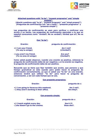 Coordinación Regional
-




       Attached questions with “to be”, “present progresive” and “simple
                                    present”.
    (Atacht cuestions wid “tu bi”, “present progresiv” and “simpl present”)
     (Preguntas de confirmación con “ser o estar”, “presente progresivo” y
                              “presente simple”)

Las preguntas de confirmación se usan para verificar o confirmar una
acción o un hecho. Las preguntas de confirmación equivalen a lo que en
español conocemos como “verdad?; No es verdad?; Verdad que si?; No es
cierto?.

                              Con “to be”:

         Oración:                             pregunta de confirmación:

+) I am your friend.                                        Am I not?
  (Yo soy tu amigo)                                       (¿Verdad?)

-) you aren’t my friend.                                   Are you?
   (Tú no eres mi amigo)                                  (Verdad?)

Como usted puede observar, cuando una oración es positiva, entonces la
pregunta de confirmación debe de ser negativa; y si la oración es negativa,
la pregunta de confirmación debe de ser positiva.

Recuerde que se tiene que fijar también que acción, que persona y que
tiempo gramatical se esta usando para poder hacer la pregunta de
confirmación correctamente, ya que si usted usa “to be” en una oración,
entonces tendrá que utilizar “to be” para hacer la pregunta de
conversación, y así con cada tiempo que se use.

                                     Con presente progresivo:

                        Oración:                                  pregunta de c:

+) I am going to Veracruz this weekend.                            Am I not?.
--) they aren’t working in their office.                          Are they?.


                                   Con presente simple:

                   Oración:                                 pregunta de c:

+) I teach english every day.                                  Don’t I?.
-) she doesn’t go to the cinema.                              Does she?.




Página 75 de 213
 