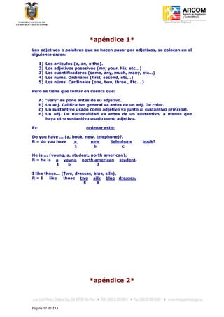 Coordinación Regional
-




                                *apéndice 1*
Los adjetivos o palabras que se hacen pasar por adjetivos, se colocan en el
siguiente orden:

      1)   Los   artículos (a, an, o the).
      2)   Los   adjetivos posesivos (my, your, his, etc...)
      3)   Los   cuantificadores (some, any, much, many, etc…)
      4)   Los   nums. Ordinales (first, second, etc...)
      5)   Los   núms. Cardinales (one, two, three., Etc... )

Pero se tiene que tomar en cuenta que:

      A)   “very” se pone antes de su adjetivo.
      b)   Un adj. Calificativo general va antes de un adj. De color.
      c)   Un sustantivo usado como adjetivo va junto al sustantivo principal.
      d)   Un adj. De nacionalidad va antes de un sustantivo, a menos que
           haya otro sustantivo usado como adjetivo.

Ex:                            ordenar esto:

Do you have ... (a, book, new, telephone)?.
R = do you have      a      new       telephone         book?
                     1       b             c

He is ... (young, a, student, north american).
R = he is a young north american student.
             1     b            d

I like those... (Two, dresses, blue, silk).
R=I      like    those two silk blue dresses.
                          5     B




                                *apéndice 2*



Página 77 de 213
 