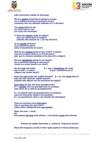 Coordinación Regional
-


(ella raramente trabaja en domingo)

We are seldom dreaming on going to europe.
(ui ar seldom driming on gouing tu iurop)
(nosotros rara vez estamos soñando en ir a Europa)

You never listen to me.
(iu never lisen tu mi)
(tu nunca me escuchas)

?) Does she always study at nights?.
   (dos shi olweis studi at naigts?)
   (estudia ella siempre en / por las noches?)

Is he usually at home?
(is ji iushuali at jom?)
(esta el usualmente en casa?)

Why do you always study at your friend´s house?.
(wai du iu olweis studi at iur frends jaus?)
(por que tu siempre estudias en la casa de tu amigo?)

Are you sometimes going to my house?.
(ar iu somtaims gouing tu mai jaus?)
(estas tu a veces yendo a mi casa?)

Do you ever eat mole?            R = yes, I sometimes eat mole,
(du iu ever i..t mole?)                O yes, i sometimes do it.
(alguna vez comes mole?)

Does she ever study her english lessons? R = no, she never does it.
(dos shi ever studi jer inglish lesons?)
(estudia ella alguna vez sus lecciones de inglés?)

How often do you visit your grandparents?.
R = i usually visit my grandparents on sundays.
(jau ovten du iu visit iur grandparents?.

R = ai ushuali visit mai grandparents on sondeis)
(que tan frecuente visitas a tus abuelos?.
R = yo usualmente visito a mis abuelos los domingos)


They are working more than ever!.
(dei ar working mor dan ever!)
(ellos están trabajando mas que nunca!)

Note: not ever = never.
Ex:
One person not ever lives always = one person never lives always.



         Practica de inglés intermedio 1, unidad 5, “frequency words”.

Place the frequency words in their right position in these sentences:




Página 80 de 213
 