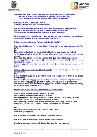 Coordinación Regional
-


the more you don’t study, the less you are going to pass the exam.
    (de mor iu dont studi, de les iu ar gouing tu pas di exam)
     (entre mas no estudies, menos vas a pasar el examen)

The more I read, the more I learn.
(cuanto o entre mas leo, mas aprendo).

The less you say bad words, the more you are going to have friends.
(de les iu sei bad words, de mor iu ar gouing tu jav frends)
(entre menos digas groserías, mas vas a tener amigos)

6) comparativos irregulares.- Son adjetivos que cambian su escritura
totalmente cuando uno los utiliza para comparar.

Antes veremos el uso de “good, well, bad y badly”:

Good (gud) (bueno / a) y bad (bad) (malo /a) = se usan después de “to
be”:
Ex:
I am good at football (ai am gud at fútbol) (yo soy bueno en fútbol)
He is good playing piano (ji is gud pleing piano) (el es bueno tocando
piano)
I am bad doing that (ai am bad duing dat) (yo soy malo haciendo eso)
He is bad learning english (ji is bad le...rning inglish) (él es malo
aprendiendo inglés)
We are bad at tennis (ui ar bad at tenis) (nosotros somos malos en el
tenis)

Well (wel) (bien) y badly (badli) (mal) = se usan después de cualquier
otra acción:
Ex:
I play football well (ai plei fútbol wel) (yo juego fútbol bien o yo juego
bien fútbol).
She plays the piano well (shi pleis de piano wel) (ella toca el piano bien).
You hit the ball badly (iu jit de bol badli) (tu le pegas a la pelota mal).
She always does her homework badly (shi olweis dos jer jomwork badli)
(el siempre hace su tarea mal).

Aprenda de memoria estos comparativos irregulares:

Good / well...better (beder) (mejor) + than.
Bad / badly...worse (wors) (peor) + than.
Far (far) (lejos)...farther (farder) o further (furder) (mas lejos) + than.
Little (litl) (poco / a)...less (les) (menos)+ than.
Much (moch) (mucho/a) y many (meni) (muchos/ as)...more + than.
Few (fiu) (pocos / as)...fewer (fiuwer) (mas pocos, menos).

Ex:
I am good at football, but he is better than i am.
Note: but (bot) (pero).

She plays the piano well, but I play the piano better!.

You are a bad student, but she is worse than you are.

We always do our homework badly, but you do yours worse.




Página 83 de 213
 