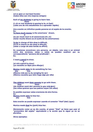 Coordinación Regional
-


(ol ov dem ar mai best frends)
(todos ellos son mis mejores amigos)

Each of my students is going to learn fast.
              them
(i..ch ov mai students is gouing tu le..rn fast)
(cada uno de mis estudiantes va a aprender rápido)

Una oración en infinitivo puede ponerse en el sujeto de la oración.
Ex:
To have much money is the americans´ dream.
            it
(tu jav moch moni is di amewricans dri..m)
(tener mucho dinero es el sueño de los americanos)

To be in charge of this shop is difficult.
(tu bi in charch ov dis shop is dificult)
(estar a cargo de esta tienda es difícil)

En ocasiones encontrara una persona, un objeto, una cosa o un animal
entre dos acciones, estas o estos se pueden sustituir por su
correspondiente “persona del predicado”.
Ex:

I need a pencil to draw.
            it
(ai nid a pencil tu drau)
(yo necesito un lápiz para dibujar)

Monica needs John to do something for her.
  she          him
(Mónica nids jon tu du somding for jer)
(Mónica necesita que John haga algo por ella)



The children want their parents to go with them.
     they               them
(de children want deir parents tu gou wid dem)
(los niños quieren que sus padres vayan con ellos)

Es posible expresar estas oraciones de otra forma.
Ex:
Monica needs John to kiss her.
   she         him

Esta oración se puede expresar usando el conector “that”(dat) (que):

Monica needs that he (jonh) kiss her.

Obviamente como ya se dio cuenta, al poner “that” se tiene que usar el
“pronombre del sujeto” equivalente y la acción que le sigue ya no se
pluraliza.

Otros ejemplos:




Página 97 de 213
 