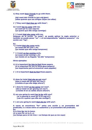 Coordinación Regional
-


1) they want their friends to go with them.
                  them
  (dei want deir frends tu gou wid dem)
  (ellos quieren que sus amigos vayan con ellos)

1´)“they want that they go with them”.

2) I want her to come with me.
  (ai want jer tu com wid mi)
  (yo quiero que ella venga conmigo)

2´) I want that she come with me.
Despues de la acción “to insist”, se puede aplicar la regla anterior o
también se puede poner “on” + el correspondiente “adjetivo posesivo” +la
acción con “ing”.

Ex:
*) I insist that she come early.
  (ai insist dat shi com i..rli)
  (yo insisto que ella venga temprano)

*´) I insist on her coming early.
  (ai insist on jer coming i..rli)
  (yo insisto en su llegada “de ella” temprano)

Otros ejemplos:

1) it is important for him to find those papers.
  (it is important for jim tu faind dous peipers)
  (es importante para el encontrar esos papeles)

1´) it is important that he find those papers.



2) does he insist that she go out now?
  (dos ji insist dat shi gou aut nau?)
  (¿insiste el que ella salga ahora?)

2´) does he insist on her going out now?.
   (dos ji insist on jer gouing aut nau?)
   (¿insiste él en su salida afuera ahora?)

3) are you going to want her to be with you?
    (ar iu gouing tu want jer tu bi wid iu?)
    (vas tú a querer que ella ese contigo?)

3´) are you going to want that she be with you?.

A veces se encontrara “for” entre una acción y un pronombre del
predicado; o a veces entre un sustantivo y un pronombre del predicado.
Ex:
It is time for me to leave.
(it is taim for mi tu li..v)
(es tiempo para mí de irme = es tiempo de que yo me vaya)




Página 98 de 213
 