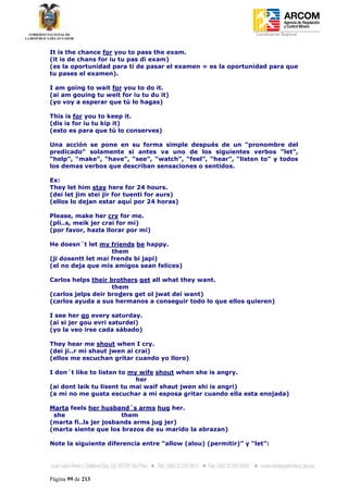 Coordinación Regional
-


It is the chance for you to pass the exam.
(it is de chans for iu tu pas di exam)
(es la oportunidad para ti de pasar el examen = es la oportunidad para que
tu pases el examen).

I am going to wait for you to do it.
(ai am gouing tu weit for iu tu du it)
(yo voy a esperar que tú lo hagas)

This is for you to keep it.
(dis is for iu tu kip it)
(esto es para que tú lo conserves)

Una acción se pone en su forma simple después de un “pronombre del
predicado” solamente si antes va uno de los siguientes verbos “let”,
“help”, “make”, “have”, “see”, “watch”, “feel”, “hear”, “listen to” y todos
los demas verbos que describan sensaciones o sentidos.

Ex:
They let him stay here for 24 hours.
(dei let jim stei jir for tuenti for aurs)
(ellos lo dejan estar aquí por 24 horas)

Please, make her cry for me.
(pli..s, meik jer crai for mi)
(por favor, hazla llorar por mí)

He doesn´t let my friends be happy.
                    them
(ji dosentt let mai frends bi japi)
(el no deja que mis amigos sean felices)

Carlos helps their brothers get all what they want.
                    them
(carlos jelps deir broders get ol jwat dei want)
(carlos ayuda a sus hermanos a conseguir todo lo que ellos quieren)

I see her go every saturday.
(ai si jer gou evri saturdei)
(yo la veo irse cada sábado)

They hear me shout when I cry.
(dei ji..r mi shaut jwen ai crai)
(ellos me escuchan gritar cuando yo lloro)

I don´t like to listen to my wife shout when she is angry.
                            her
(ai dont laik tu lisent tu mai waif shaut jwen shi is angri)
(a mi no me gusta escuchar a mi esposa gritar cuando ella esta enojada)

Marta feels her husband´s arms hug her.
 she                   them
(marta fi..ls jer josbands arms jug jer)
(marta siente que los brazos de su marido la abrazan)

Note la siguiente diferencia entre “allow (alou) (permitir)” y “let”:




Página 99 de 213
 