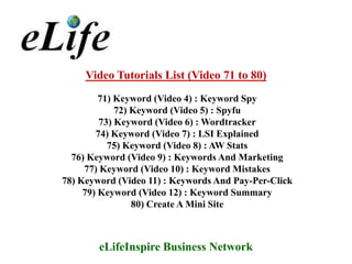 Video Tutorials List (Video 71 to 80)
         71) Keyword (Video 4) : Keyword Spy
             72) Keyword (Video 5) : Spyfu
         73) Keyword (Video 6) : Wordtracker
        74) Keyword (Video 7) : LSI Explained
           75) Keyword (Video 8) : AW Stats
  76) Keyword (Video 9) : Keywords And Marketing
     77) Keyword (Video 10) : Keyword Mistakes
78) Keyword (Video 11) : Keywords And Pay-Per-Click
     79) Keyword (Video 12) : Keyword Summary
                 80) Create A Mini Site



        eLifeInspire Business Network
 
