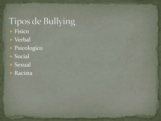  Fisico 
 Verbal 
 Psicologico 
 Social 
 Sexual 
 Racista 
 