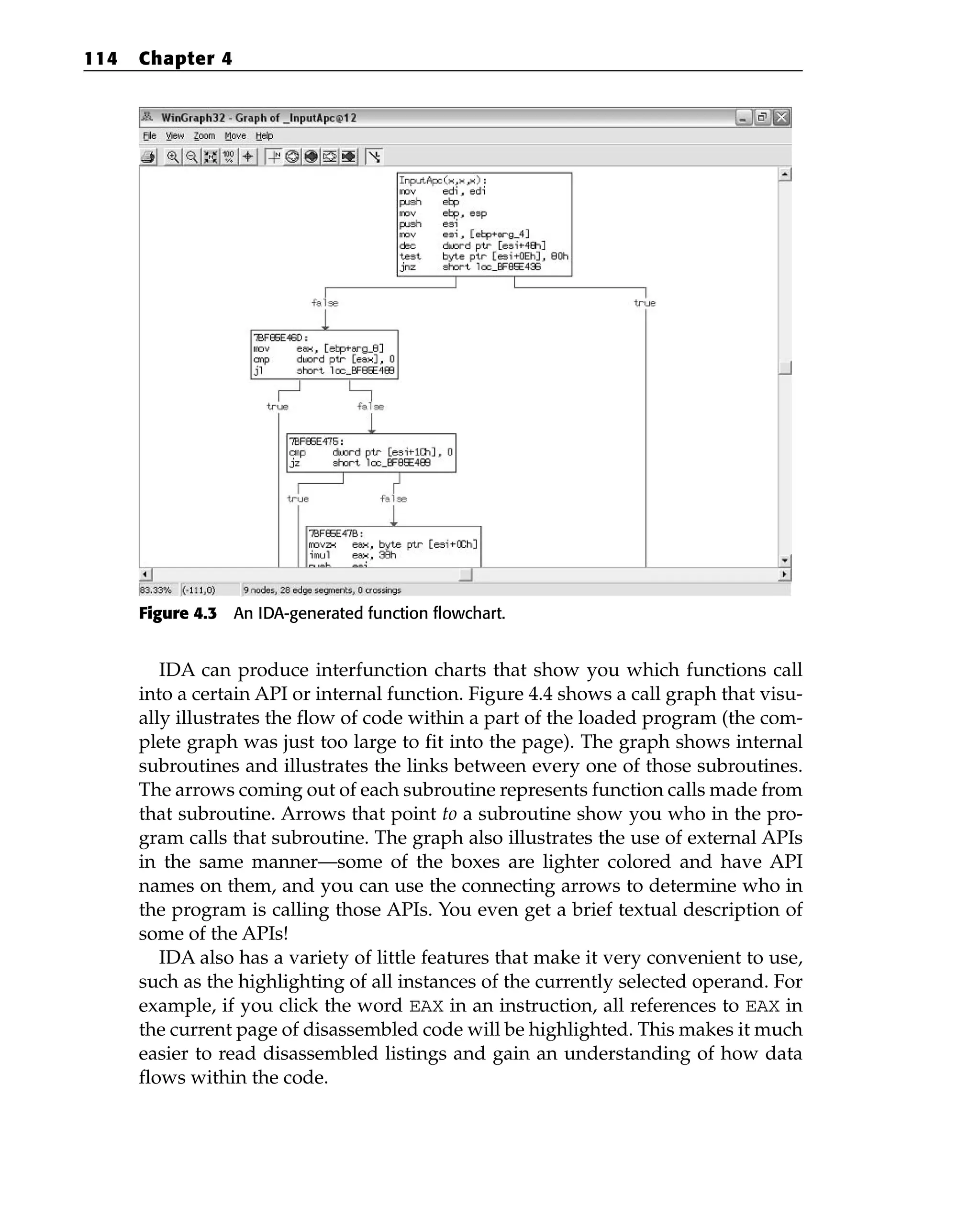 Figure 4.3 An IDA-generated function flowchart.
IDA can produce interfunction charts that show you which functions call
into a certain API or internal function. Figure 4.4 shows a call graph that visu-
ally illustrates the flow of code within a part of the loaded program (the com-
plete graph was just too large to fit into the page). The graph shows internal
subroutines and illustrates the links between every one of those subroutines.
The arrows coming out of each subroutine represents function calls made from
that subroutine. Arrows that point to a subroutine show you who in the pro-
gram calls that subroutine. The graph also illustrates the use of external APIs
in the same manner—some of the boxes are lighter colored and have API
names on them, and you can use the connecting arrows to determine who in
the program is calling those APIs. You even get a brief textual description of
some of the APIs!
IDA also has a variety of little features that make it very convenient to use,
such as the highlighting of all instances of the currently selected operand. For
example, if you click the word EAX in an instruction, all references to EAX in
the current page of disassembled code will be highlighted. This makes it much
easier to read disassembled listings and gain an understanding of how data
flows within the code.
114 Chapter 4
 