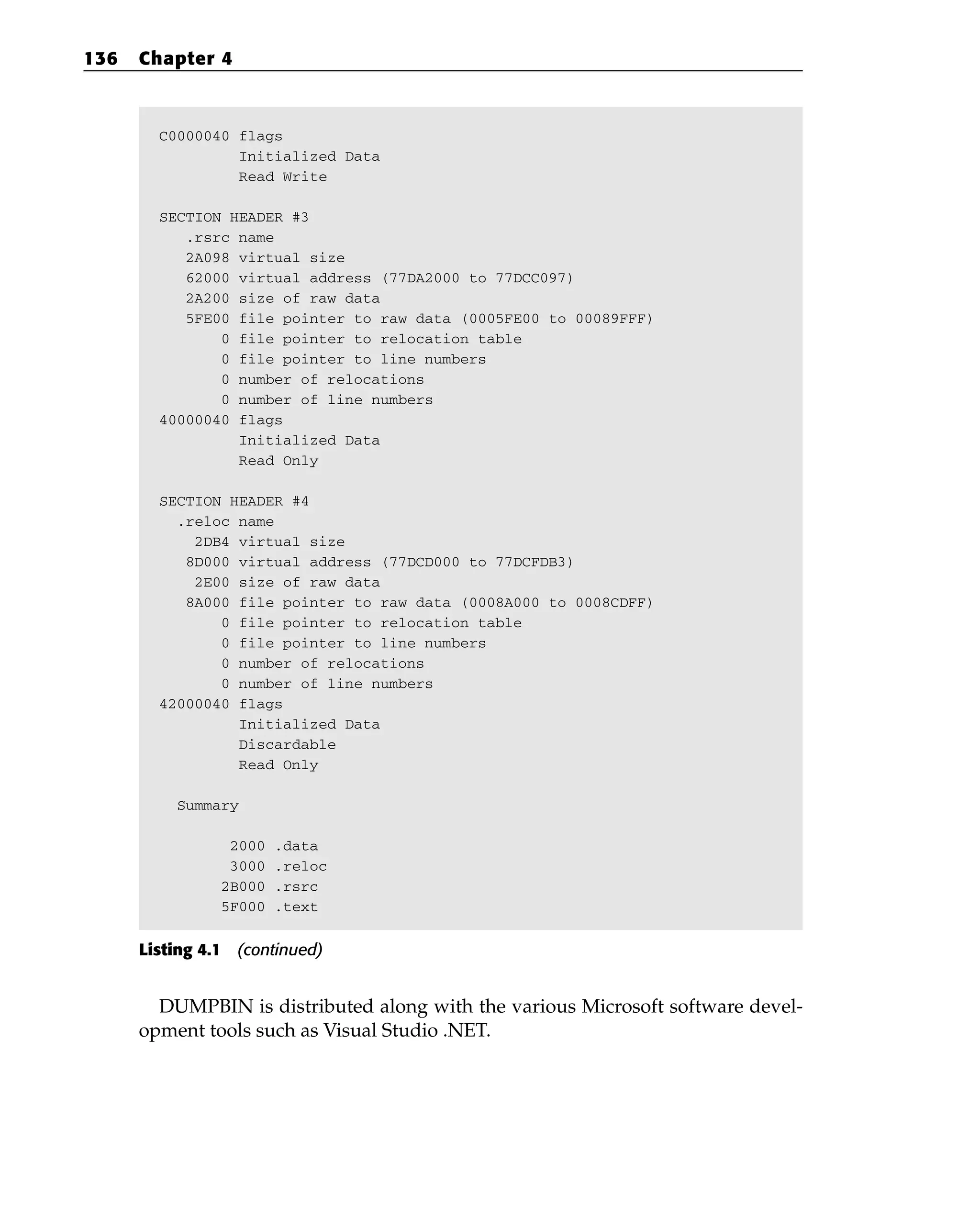 C0000040 flags
Initialized Data
Read Write
SECTION HEADER #3
.rsrc name
2A098 virtual size
62000 virtual address (77DA2000 to 77DCC097)
2A200 size of raw data
5FE00 file pointer to raw data (0005FE00 to 00089FFF)
0 file pointer to relocation table
0 file pointer to line numbers
0 number of relocations
0 number of line numbers
40000040 flags
Initialized Data
Read Only
SECTION HEADER #4
.reloc name
2DB4 virtual size
8D000 virtual address (77DCD000 to 77DCFDB3)
2E00 size of raw data
8A000 file pointer to raw data (0008A000 to 0008CDFF)
0 file pointer to relocation table
0 file pointer to line numbers
0 number of relocations
0 number of line numbers
42000040 flags
Initialized Data
Discardable
Read Only
Summary
2000 .data
3000 .reloc
2B000 .rsrc
5F000 .text
Listing 4.1 (continued)
DUMPBIN is distributed along with the various Microsoft software devel-
opment tools such as Visual Studio .NET.
136 Chapter 4
 