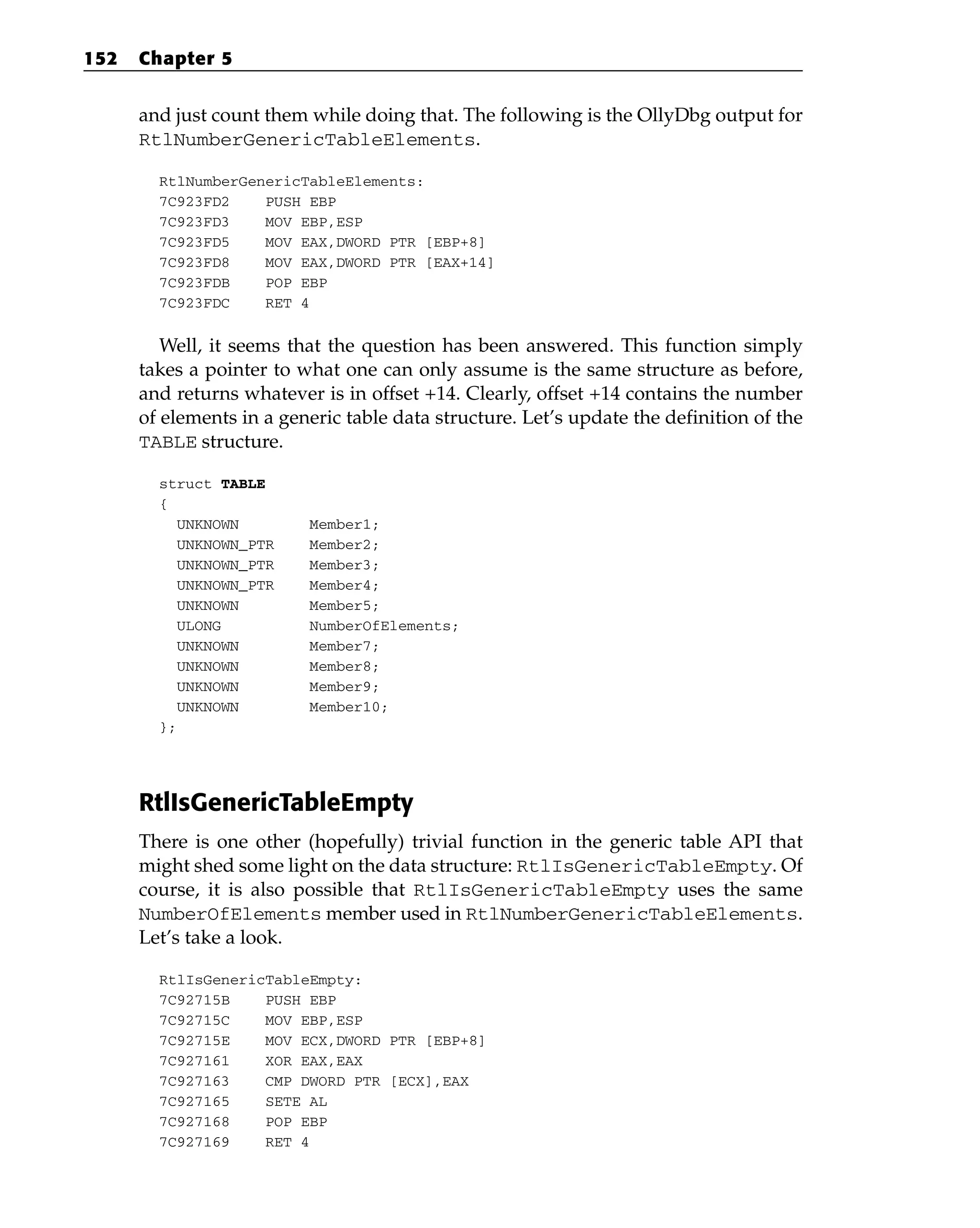 and just count them while doing that. The following is the OllyDbg output for
RtlNumberGenericTableElements.
RtlNumberGenericTableElements:
7C923FD2 PUSH EBP
7C923FD3 MOV EBP,ESP
7C923FD5 MOV EAX,DWORD PTR [EBP+8]
7C923FD8 MOV EAX,DWORD PTR [EAX+14]
7C923FDB POP EBP
7C923FDC RET 4
Well, it seems that the question has been answered. This function simply
takes a pointer to what one can only assume is the same structure as before,
and returns whatever is in offset +14. Clearly, offset +14 contains the number
of elements in a generic table data structure. Let’s update the definition of the
TABLE structure.
struct TABLE
{
UNKNOWN Member1;
UNKNOWN_PTR Member2;
UNKNOWN_PTR Member3;
UNKNOWN_PTR Member4;
UNKNOWN Member5;
ULONG NumberOfElements;
UNKNOWN Member7;
UNKNOWN Member8;
UNKNOWN Member9;
UNKNOWN Member10;
};
RtlIsGenericTableEmpty
There is one other (hopefully) trivial function in the generic table API that
might shed some light on the data structure: RtlIsGenericTableEmpty. Of
course, it is also possible that RtlIsGenericTableEmpty uses the same
NumberOfElements member used in RtlNumberGenericTableElements.
Let’s take a look.
RtlIsGenericTableEmpty:
7C92715B PUSH EBP
7C92715C MOV EBP,ESP
7C92715E MOV ECX,DWORD PTR [EBP+8]
7C927161 XOR EAX,EAX
7C927163 CMP DWORD PTR [ECX],EAX
7C927165 SETE AL
7C927168 POP EBP
7C927169 RET 4
152 Chapter 5
 