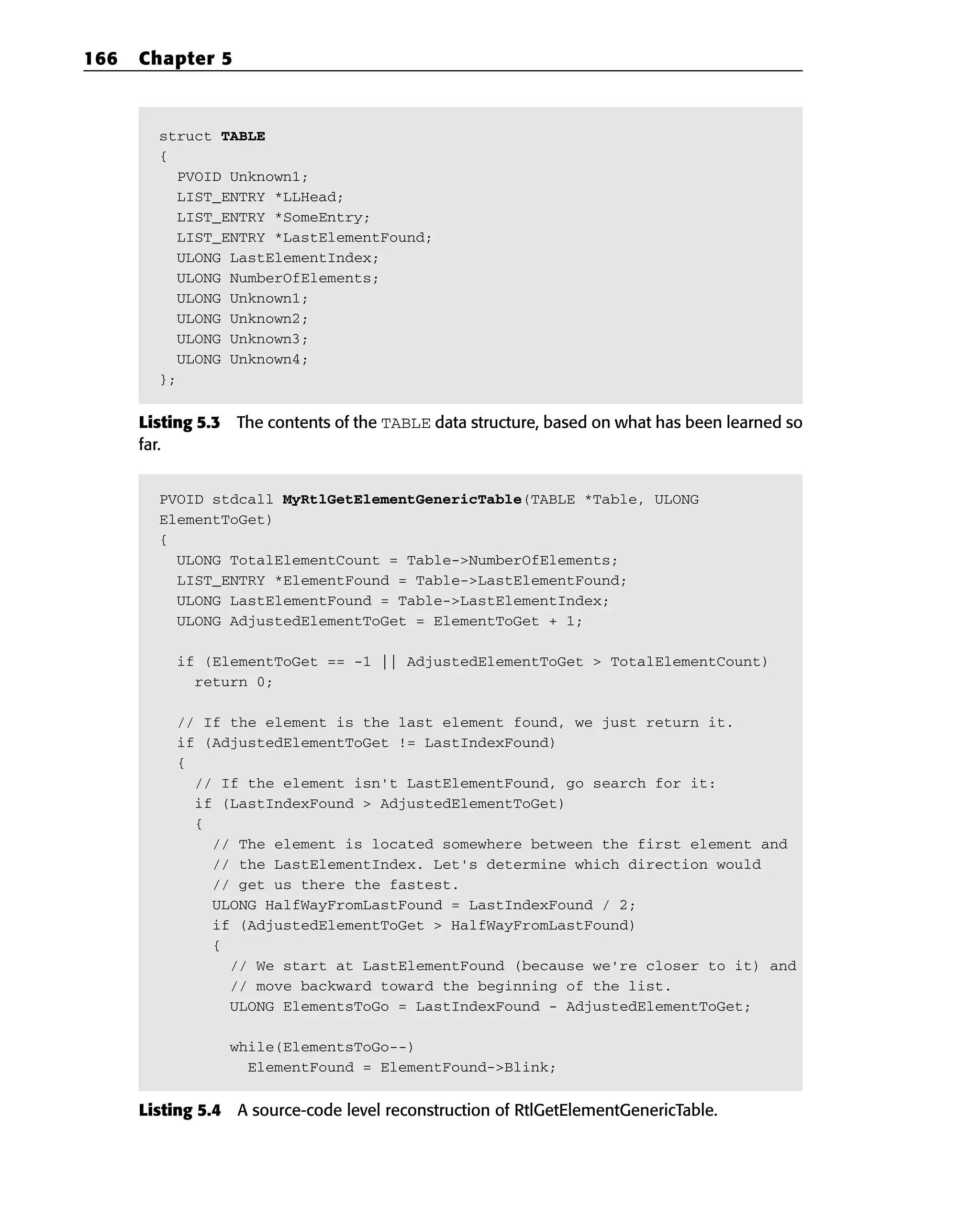 struct TABLE
{
PVOID Unknown1;
LIST_ENTRY *LLHead;
LIST_ENTRY *SomeEntry;
LIST_ENTRY *LastElementFound;
ULONG LastElementIndex;
ULONG NumberOfElements;
ULONG Unknown1;
ULONG Unknown2;
ULONG Unknown3;
ULONG Unknown4;
};
Listing 5.3 The contents of the TABLE data structure, based on what has been learned so
far.
PVOID stdcall MyRtlGetElementGenericTable(TABLE *Table, ULONG
ElementToGet)
{
ULONG TotalElementCount = Table->NumberOfElements;
LIST_ENTRY *ElementFound = Table->LastElementFound;
ULONG LastElementFound = Table->LastElementIndex;
ULONG AdjustedElementToGet = ElementToGet + 1;
if (ElementToGet == -1 || AdjustedElementToGet > TotalElementCount)
return 0;
// If the element is the last element found, we just return it.
if (AdjustedElementToGet != LastIndexFound)
{
// If the element isn’t LastElementFound, go search for it:
if (LastIndexFound > AdjustedElementToGet)
{
// The element is located somewhere between the first element and
// the LastElementIndex. Let’s determine which direction would
// get us there the fastest.
ULONG HalfWayFromLastFound = LastIndexFound / 2;
if (AdjustedElementToGet > HalfWayFromLastFound)
{
// We start at LastElementFound (because we’re closer to it) and
// move backward toward the beginning of the list.
ULONG ElementsToGo = LastIndexFound - AdjustedElementToGet;
while(ElementsToGo--)
ElementFound = ElementFound->Blink;
Listing 5.4 A source-code level reconstruction of RtlGetElementGenericTable.
166 Chapter 5
 