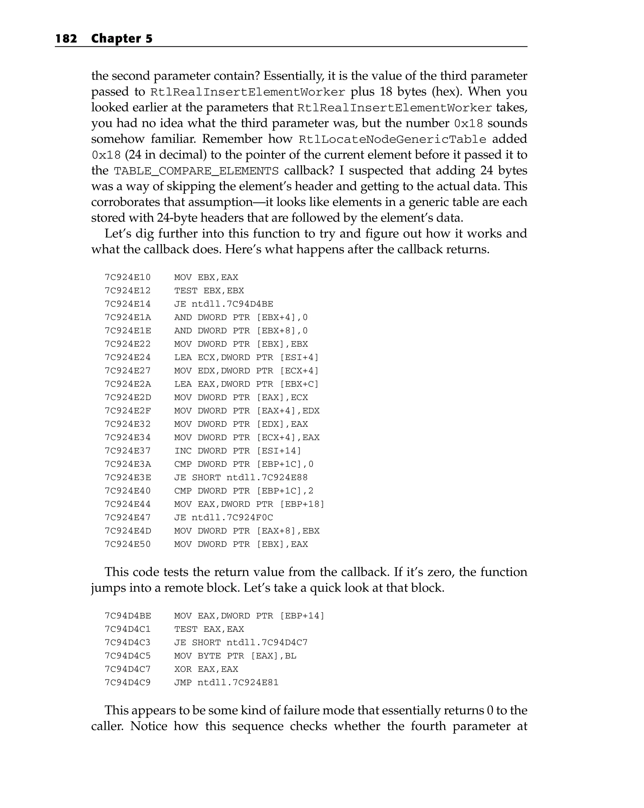 the second parameter contain? Essentially, it is the value of the third parameter
passed to RtlRealInsertElementWorker plus 18 bytes (hex). When you
looked earlier at the parameters that RtlRealInsertElementWorker takes,
you had no idea what the third parameter was, but the number 0x18 sounds
somehow familiar. Remember how RtlLocateNodeGenericTable added
0x18 (24 in decimal) to the pointer of the current element before it passed it to
the TABLE_COMPARE_ELEMENTS callback? I suspected that adding 24 bytes
was a way of skipping the element’s header and getting to the actual data. This
corroborates that assumption—it looks like elements in a generic table are each
stored with 24-byte headers that are followed by the element’s data.
Let’s dig further into this function to try and figure out how it works and
what the callback does. Here’s what happens after the callback returns.
7C924E10 MOV EBX,EAX
7C924E12 TEST EBX,EBX
7C924E14 JE ntdll.7C94D4BE
7C924E1A AND DWORD PTR [EBX+4],0
7C924E1E AND DWORD PTR [EBX+8],0
7C924E22 MOV DWORD PTR [EBX],EBX
7C924E24 LEA ECX,DWORD PTR [ESI+4]
7C924E27 MOV EDX,DWORD PTR [ECX+4]
7C924E2A LEA EAX,DWORD PTR [EBX+C]
7C924E2D MOV DWORD PTR [EAX],ECX
7C924E2F MOV DWORD PTR [EAX+4],EDX
7C924E32 MOV DWORD PTR [EDX],EAX
7C924E34 MOV DWORD PTR [ECX+4],EAX
7C924E37 INC DWORD PTR [ESI+14]
7C924E3A CMP DWORD PTR [EBP+1C],0
7C924E3E JE SHORT ntdll.7C924E88
7C924E40 CMP DWORD PTR [EBP+1C],2
7C924E44 MOV EAX,DWORD PTR [EBP+18]
7C924E47 JE ntdll.7C924F0C
7C924E4D MOV DWORD PTR [EAX+8],EBX
7C924E50 MOV DWORD PTR [EBX],EAX
This code tests the return value from the callback. If it’s zero, the function
jumps into a remote block. Let’s take a quick look at that block.
7C94D4BE MOV EAX,DWORD PTR [EBP+14]
7C94D4C1 TEST EAX,EAX
7C94D4C3 JE SHORT ntdll.7C94D4C7
7C94D4C5 MOV BYTE PTR [EAX],BL
7C94D4C7 XOR EAX,EAX
7C94D4C9 JMP ntdll.7C924E81
This appears to be some kind of failure mode that essentially returns 0 to the
caller. Notice how this sequence checks whether the fourth parameter at
182 Chapter 5
 