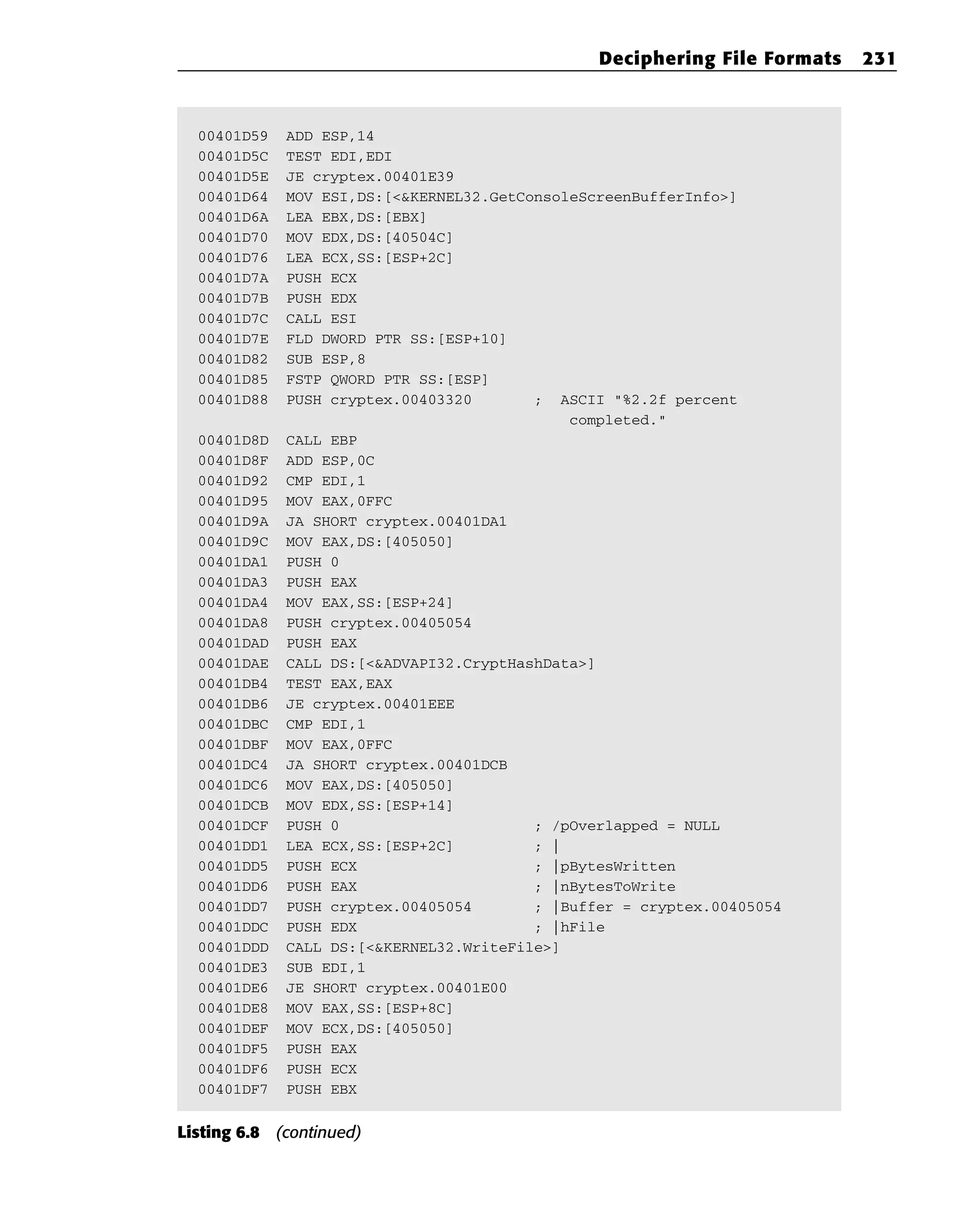 00401D59 ADD ESP,14
00401D5C TEST EDI,EDI
00401D5E JE cryptex.00401E39
00401D64 MOV ESI,DS:[<&KERNEL32.GetConsoleScreenBufferInfo>]
00401D6A LEA EBX,DS:[EBX]
00401D70 MOV EDX,DS:[40504C]
00401D76 LEA ECX,SS:[ESP+2C]
00401D7A PUSH ECX
00401D7B PUSH EDX
00401D7C CALL ESI
00401D7E FLD DWORD PTR SS:[ESP+10]
00401D82 SUB ESP,8
00401D85 FSTP QWORD PTR SS:[ESP]
00401D88 PUSH cryptex.00403320 ; ASCII “%2.2f percent
completed.”
00401D8D CALL EBP
00401D8F ADD ESP,0C
00401D92 CMP EDI,1
00401D95 MOV EAX,0FFC
00401D9A JA SHORT cryptex.00401DA1
00401D9C MOV EAX,DS:[405050]
00401DA1 PUSH 0
00401DA3 PUSH EAX
00401DA4 MOV EAX,SS:[ESP+24]
00401DA8 PUSH cryptex.00405054
00401DAD PUSH EAX
00401DAE CALL DS:[<&ADVAPI32.CryptHashData>]
00401DB4 TEST EAX,EAX
00401DB6 JE cryptex.00401EEE
00401DBC CMP EDI,1
00401DBF MOV EAX,0FFC
00401DC4 JA SHORT cryptex.00401DCB
00401DC6 MOV EAX,DS:[405050]
00401DCB MOV EDX,SS:[ESP+14]
00401DCF PUSH 0 ; /pOverlapped = NULL
00401DD1 LEA ECX,SS:[ESP+2C] ; |
00401DD5 PUSH ECX ; |pBytesWritten
00401DD6 PUSH EAX ; |nBytesToWrite
00401DD7 PUSH cryptex.00405054 ; |Buffer = cryptex.00405054
00401DDC PUSH EDX ; |hFile
00401DDD CALL DS:[<&KERNEL32.WriteFile>]
00401DE3 SUB EDI,1
00401DE6 JE SHORT cryptex.00401E00
00401DE8 MOV EAX,SS:[ESP+8C]
00401DEF MOV ECX,DS:[405050]
00401DF5 PUSH EAX
00401DF6 PUSH ECX
00401DF7 PUSH EBX
Listing 6.8 (continued)
Deciphering File Formats 231
 