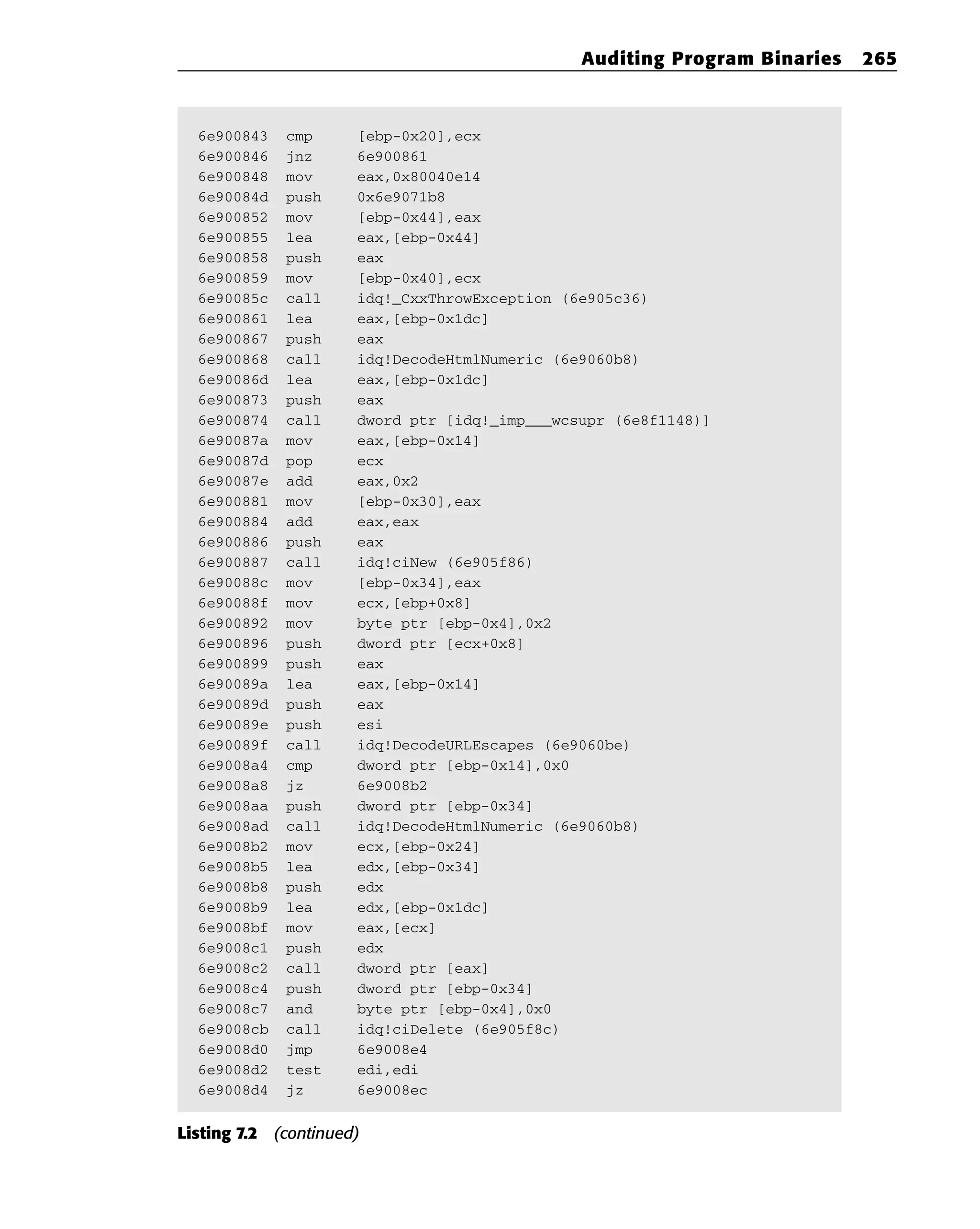 6e900843 cmp [ebp-0x20],ecx
6e900846 jnz 6e900861
6e900848 mov eax,0x80040e14
6e90084d push 0x6e9071b8
6e900852 mov [ebp-0x44],eax
6e900855 lea eax,[ebp-0x44]
6e900858 push eax
6e900859 mov [ebp-0x40],ecx
6e90085c call idq!_CxxThrowException (6e905c36)
6e900861 lea eax,[ebp-0x1dc]
6e900867 push eax
6e900868 call idq!DecodeHtmlNumeric (6e9060b8)
6e90086d lea eax,[ebp-0x1dc]
6e900873 push eax
6e900874 call dword ptr [idq!_imp___wcsupr (6e8f1148)]
6e90087a mov eax,[ebp-0x14]
6e90087d pop ecx
6e90087e add eax,0x2
6e900881 mov [ebp-0x30],eax
6e900884 add eax,eax
6e900886 push eax
6e900887 call idq!ciNew (6e905f86)
6e90088c mov [ebp-0x34],eax
6e90088f mov ecx,[ebp+0x8]
6e900892 mov byte ptr [ebp-0x4],0x2
6e900896 push dword ptr [ecx+0x8]
6e900899 push eax
6e90089a lea eax,[ebp-0x14]
6e90089d push eax
6e90089e push esi
6e90089f call idq!DecodeURLEscapes (6e9060be)
6e9008a4 cmp dword ptr [ebp-0x14],0x0
6e9008a8 jz 6e9008b2
6e9008aa push dword ptr [ebp-0x34]
6e9008ad call idq!DecodeHtmlNumeric (6e9060b8)
6e9008b2 mov ecx,[ebp-0x24]
6e9008b5 lea edx,[ebp-0x34]
6e9008b8 push edx
6e9008b9 lea edx,[ebp-0x1dc]
6e9008bf mov eax,[ecx]
6e9008c1 push edx
6e9008c2 call dword ptr [eax]
6e9008c4 push dword ptr [ebp-0x34]
6e9008c7 and byte ptr [ebp-0x4],0x0
6e9008cb call idq!ciDelete (6e905f8c)
6e9008d0 jmp 6e9008e4
6e9008d2 test edi,edi
6e9008d4 jz 6e9008ec
Listing 7.2 (continued)
Auditing Program Binaries 265
 