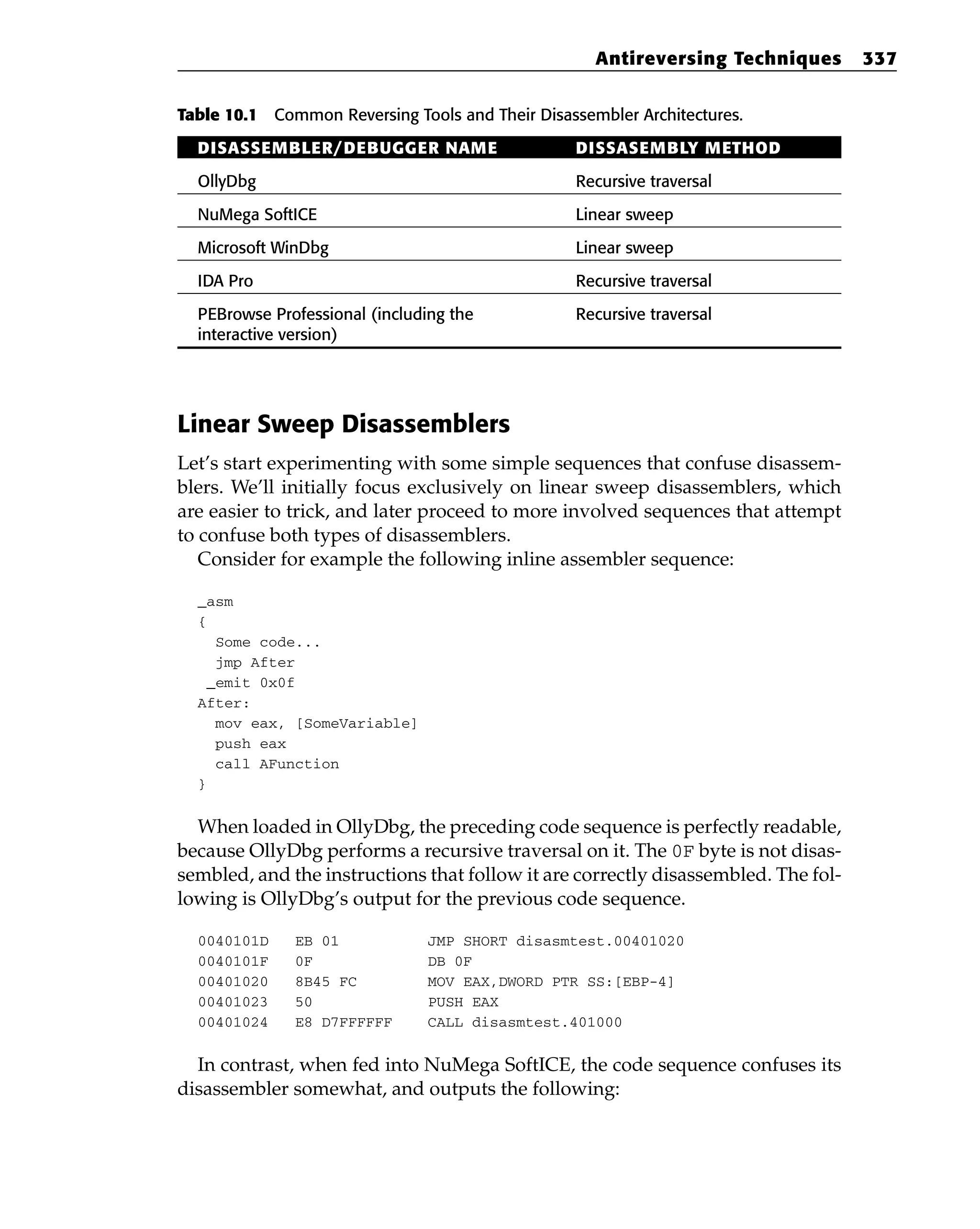 Table 10.1 Common Reversing Tools and Their Disassembler Architectures.
DISASSEMBLER/DEBUGGER NAME DISSASEMBLY METHOD
OllyDbg Recursive traversal
NuMega SoftICE Linear sweep
Microsoft WinDbg Linear sweep
IDA Pro Recursive traversal
PEBrowse Professional (including the Recursive traversal
interactive version)
Linear Sweep Disassemblers
Let’s start experimenting with some simple sequences that confuse disassem-
blers. We’ll initially focus exclusively on linear sweep disassemblers, which
are easier to trick, and later proceed to more involved sequences that attempt
to confuse both types of disassemblers.
Consider for example the following inline assembler sequence:
_asm
{
Some code...
jmp After
_emit 0x0f
After:
mov eax, [SomeVariable]
push eax
call AFunction
}
When loaded in OllyDbg, the preceding code sequence is perfectly readable,
because OllyDbg performs a recursive traversal on it. The 0F byte is not disas-
sembled, and the instructions that follow it are correctly disassembled. The fol-
lowing is OllyDbg’s output for the previous code sequence.
0040101D EB 01 JMP SHORT disasmtest.00401020
0040101F 0F DB 0F
00401020 8B45 FC MOV EAX,DWORD PTR SS:[EBP-4]
00401023 50 PUSH EAX
00401024 E8 D7FFFFFF CALL disasmtest.401000
In contrast, when fed into NuMega SoftICE, the code sequence confuses its
disassembler somewhat, and outputs the following:
Antireversing Techniques 337
 