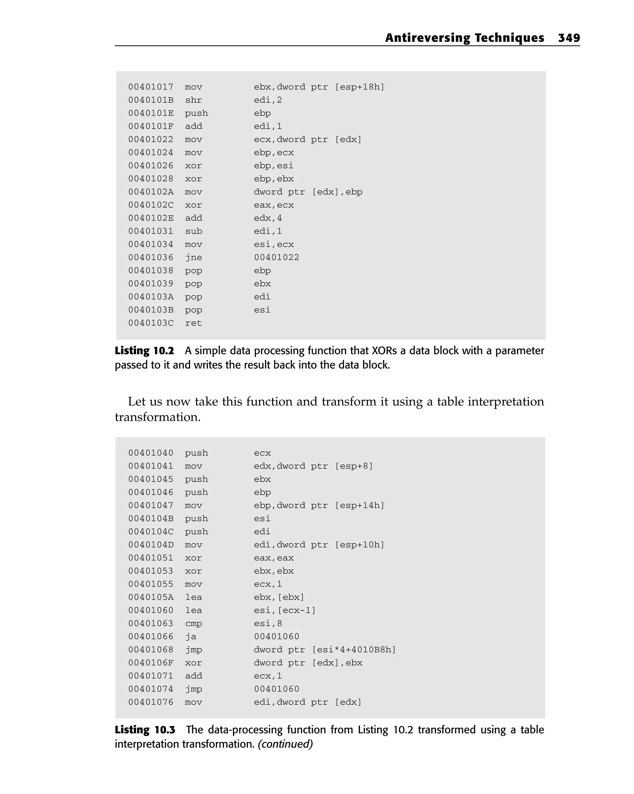 00401017 mov ebx,dword ptr [esp+18h]
0040101B shr edi,2
0040101E push ebp
0040101F add edi,1
00401022 mov ecx,dword ptr [edx]
00401024 mov ebp,ecx
00401026 xor ebp,esi
00401028 xor ebp,ebx
0040102A mov dword ptr [edx],ebp
0040102C xor eax,ecx
0040102E add edx,4
00401031 sub edi,1
00401034 mov esi,ecx
00401036 jne 00401022
00401038 pop ebp
00401039 pop ebx
0040103A pop edi
0040103B pop esi
0040103C ret
Listing 10.2 A simple data processing function that XORs a data block with a parameter
passed to it and writes the result back into the data block.
Let us now take this function and transform it using a table interpretation
transformation.
00401040 push ecx
00401041 mov edx,dword ptr [esp+8]
00401045 push ebx
00401046 push ebp
00401047 mov ebp,dword ptr [esp+14h]
0040104B push esi
0040104C push edi
0040104D mov edi,dword ptr [esp+10h]
00401051 xor eax,eax
00401053 xor ebx,ebx
00401055 mov ecx,1
0040105A lea ebx,[ebx]
00401060 lea esi,[ecx-1]
00401063 cmp esi,8
00401066 ja 00401060
00401068 jmp dword ptr [esi*4+4010B8h]
0040106F xor dword ptr [edx],ebx
00401071 add ecx,1
00401074 jmp 00401060
00401076 mov edi,dword ptr [edx]
Listing 10.3 The data-processing function from Listing 10.2 transformed using a table
interpretation transformation. (continued)
Antireversing Techniques 349
 