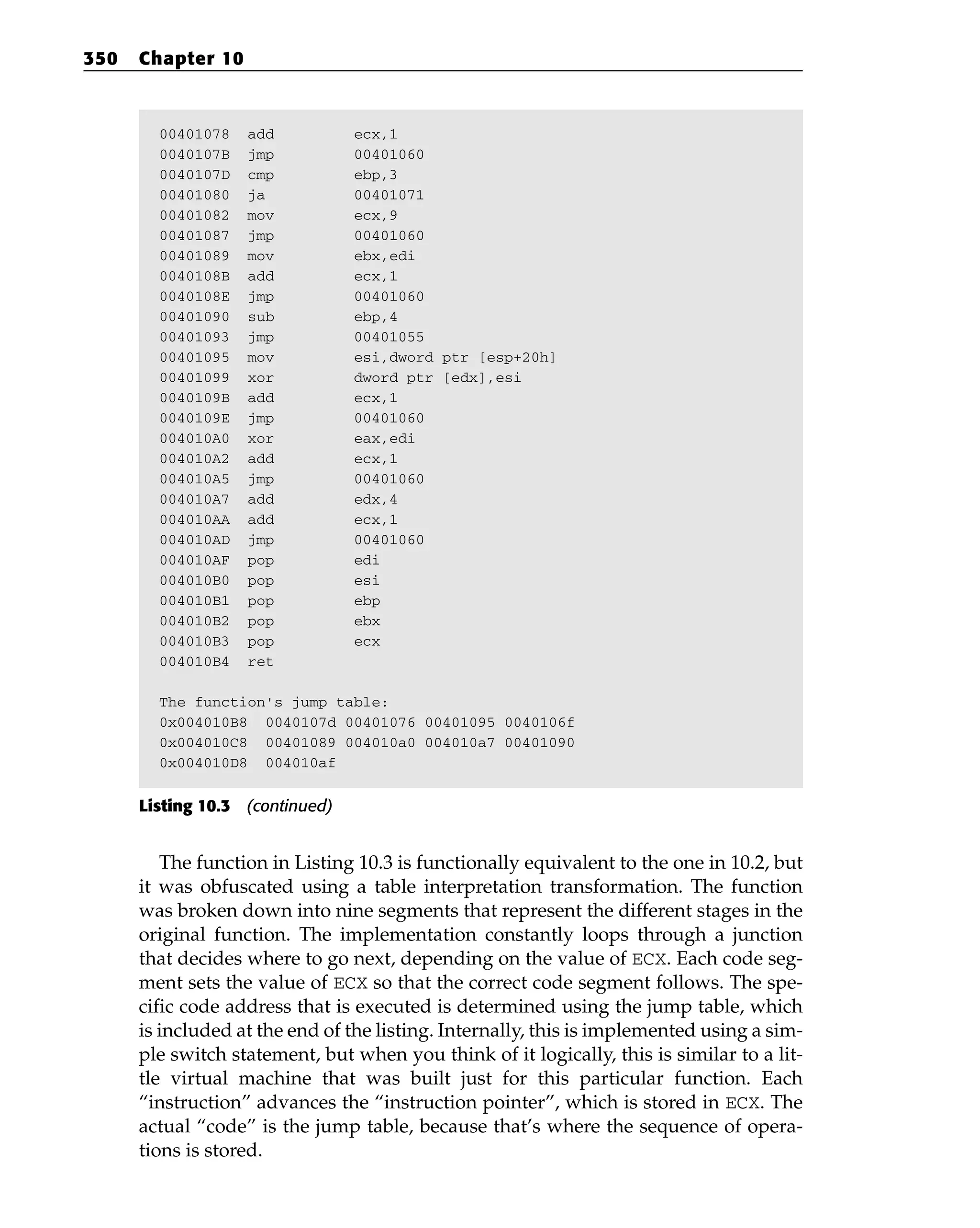 00401078 add ecx,1
0040107B jmp 00401060
0040107D cmp ebp,3
00401080 ja 00401071
00401082 mov ecx,9
00401087 jmp 00401060
00401089 mov ebx,edi
0040108B add ecx,1
0040108E jmp 00401060
00401090 sub ebp,4
00401093 jmp 00401055
00401095 mov esi,dword ptr [esp+20h]
00401099 xor dword ptr [edx],esi
0040109B add ecx,1
0040109E jmp 00401060
004010A0 xor eax,edi
004010A2 add ecx,1
004010A5 jmp 00401060
004010A7 add edx,4
004010AA add ecx,1
004010AD jmp 00401060
004010AF pop edi
004010B0 pop esi
004010B1 pop ebp
004010B2 pop ebx
004010B3 pop ecx
004010B4 ret
The function’s jump table:
0x004010B8 0040107d 00401076 00401095 0040106f
0x004010C8 00401089 004010a0 004010a7 00401090
0x004010D8 004010af
Listing 10.3 (continued)
The function in Listing 10.3 is functionally equivalent to the one in 10.2, but
it was obfuscated using a table interpretation transformation. The function
was broken down into nine segments that represent the different stages in the
original function. The implementation constantly loops through a junction
that decides where to go next, depending on the value of ECX. Each code seg-
ment sets the value of ECX so that the correct code segment follows. The spe-
cific code address that is executed is determined using the jump table, which
is included at the end of the listing. Internally, this is implemented using a sim-
ple switch statement, but when you think of it logically, this is similar to a lit-
tle virtual machine that was built just for this particular function. Each
“instruction” advances the “instruction pointer”, which is stored in ECX. The
actual “code” is the jump table, because that’s where the sequence of opera-
tions is stored.
350 Chapter 10
 