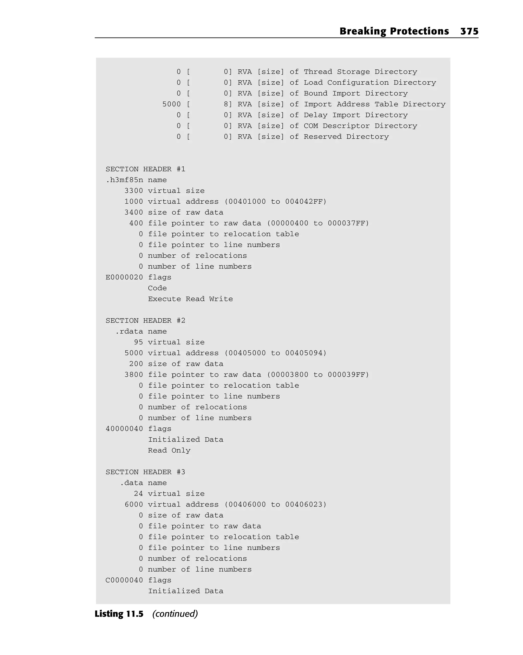 0 [ 0] RVA [size] of Thread Storage Directory
0 [ 0] RVA [size] of Load Configuration Directory
0 [ 0] RVA [size] of Bound Import Directory
5000 [ 8] RVA [size] of Import Address Table Directory
0 [ 0] RVA [size] of Delay Import Directory
0 [ 0] RVA [size] of COM Descriptor Directory
0 [ 0] RVA [size] of Reserved Directory
SECTION HEADER #1
.h3mf85n name
3300 virtual size
1000 virtual address (00401000 to 004042FF)
3400 size of raw data
400 file pointer to raw data (00000400 to 000037FF)
0 file pointer to relocation table
0 file pointer to line numbers
0 number of relocations
0 number of line numbers
E0000020 flags
Code
Execute Read Write
SECTION HEADER #2
.rdata name
95 virtual size
5000 virtual address (00405000 to 00405094)
200 size of raw data
3800 file pointer to raw data (00003800 to 000039FF)
0 file pointer to relocation table
0 file pointer to line numbers
0 number of relocations
0 number of line numbers
40000040 flags
Initialized Data
Read Only
SECTION HEADER #3
.data name
24 virtual size
6000 virtual address (00406000 to 00406023)
0 size of raw data
0 file pointer to raw data
0 file pointer to relocation table
0 file pointer to line numbers
0 number of relocations
0 number of line numbers
C0000040 flags
Initialized Data
Listing 11.5 (continued)
Breaking Protections 375
 