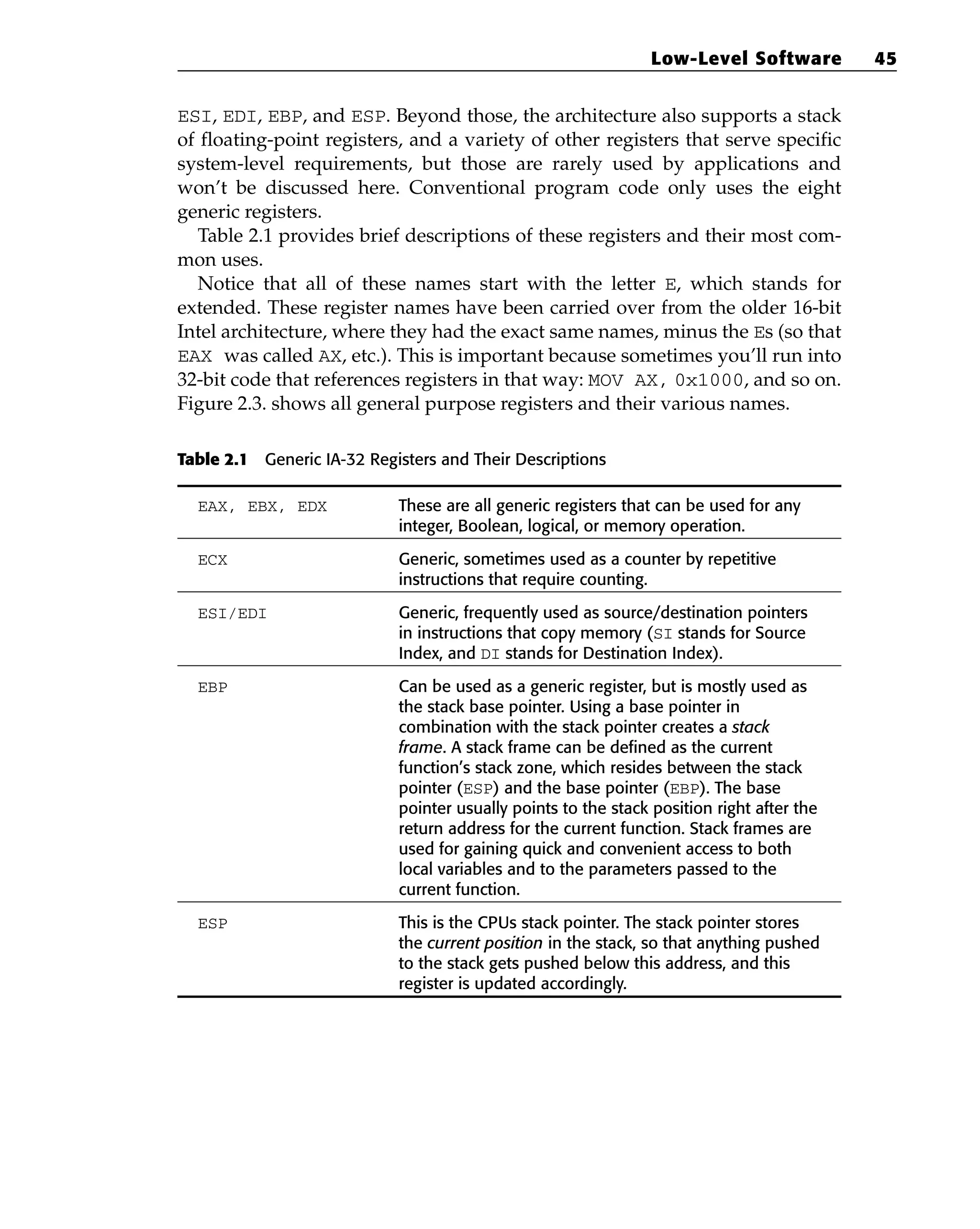ESI, EDI, EBP, and ESP. Beyond those, the architecture also supports a stack
of floating-point registers, and a variety of other registers that serve specific
system-level requirements, but those are rarely used by applications and
won’t be discussed here. Conventional program code only uses the eight
generic registers.
Table 2.1 provides brief descriptions of these registers and their most com-
mon uses.
Notice that all of these names start with the letter E, which stands for
extended. These register names have been carried over from the older 16-bit
Intel architecture, where they had the exact same names, minus the Es (so that
EAX was called AX, etc.). This is important because sometimes you’ll run into
32-bit code that references registers in that way: MOV AX, 0x1000, and so on.
Figure 2.3. shows all general purpose registers and their various names.
Table 2.1 Generic IA-32 Registers and Their Descriptions
EAX, EBX, EDX These are all generic registers that can be used for any
integer, Boolean, logical, or memory operation.
ECX Generic, sometimes used as a counter by repetitive
instructions that require counting.
ESI/EDI Generic, frequently used as source/destination pointers
in instructions that copy memory (SI stands for Source
Index, and DI stands for Destination Index).
EBP Can be used as a generic register, but is mostly used as
the stack base pointer. Using a base pointer in
combination with the stack pointer creates a stack
frame. A stack frame can be defined as the current
function’s stack zone, which resides between the stack
pointer (ESP) and the base pointer (EBP). The base
pointer usually points to the stack position right after the
return address for the current function. Stack frames are
used for gaining quick and convenient access to both
local variables and to the parameters passed to the
current function.
ESP This is the CPUs stack pointer. The stack pointer stores
the current position in the stack, so that anything pushed
to the stack gets pushed below this address, and this
register is updated accordingly.
Low-Level Software 45
 