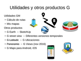 Utilidades y otros productos G
Utilidades GM
● Cálculo de rutas
● Mis mapas
Otros productos
● G Earth → SketchUp
● G street view → Diferentes versiones temporales
● G Latitude → G Ubicaciones
● Panoramio → G Views (nov 2016)
● G Maps para Android, iOS
 