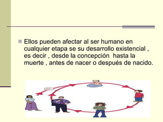 Ellos pueden afectar al ser humano en cualquier etapa se su desarrollo existencial , es decir , desde la concepción  hasta la muerte , antes de nacer o después de nacido. 