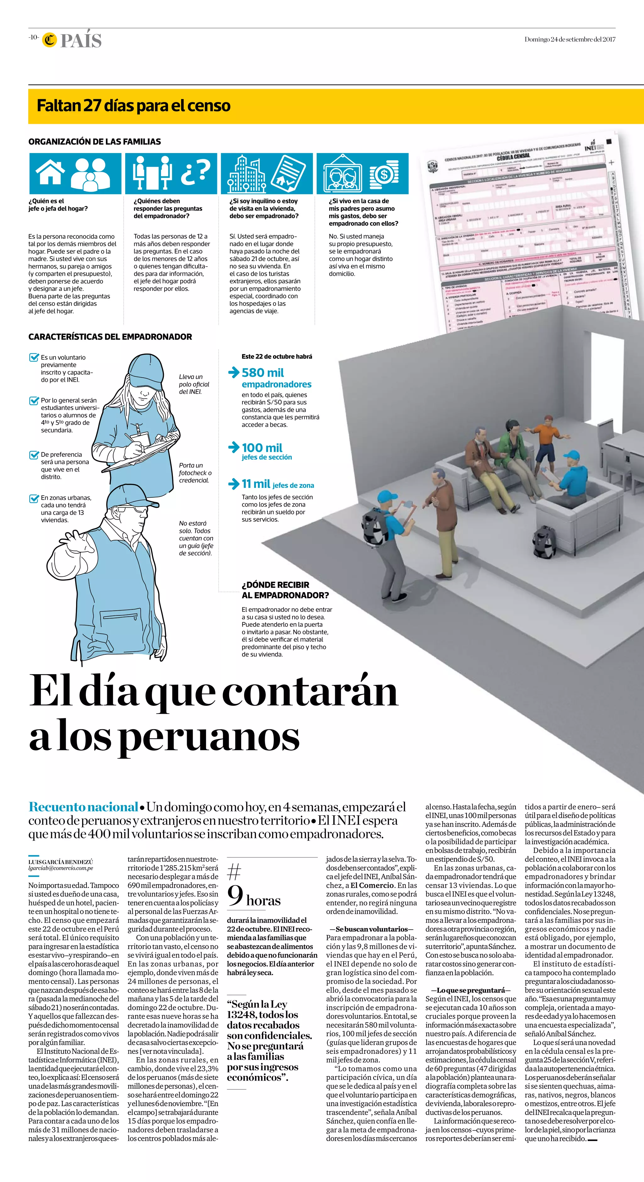 -10-
País domingo24desetiembredel2017
Es un voluntario
previamente
inscrito y capacita-
do por el INEI.
Por lo general serán
estudiantes universi-
tarios o alumnos de
4to y 5to grado de
secundaria.
De preferencia
será una persona
que vive en el
distrito.
En zonas urbanas,
cada uno tendrá
una carga de 13
viviendas.
Lleva un
polo oﬁcial
del INEI.
Porta un
fotocheck o
credencial.
No estará
solo. Todos
cuentan con
un guía (jefe
de sección).
El empadronador no debe entrar
a su casa si usted no lo desea.
Puede atenderlo en la puerta
o invitarlo a pasar. No obstante,
él sí debe veriﬁcar el material
predominante del piso y techo
de su vivienda.
CARACTERÍSTICAS DEL EMPADRONADOR
ORGANIZACIÓN DE LAS FAMILIAS
¿DÓNDE RECIBIR
AL EMPADRONADOR?
580 mil
100 mil
jefes de sección
11 mil jefes de zona
Este 22 de octubre habrá
empadronadores
en todo el país, quienes
recibirán S/50 para sus
gastos, además de una
constancia que les permitirá
acceder a becas.
Tanto los jefes de sección
como los jefes de zona
recibirán un sueldo por
sus servicios.
Es la persona reconocida como
tal por los demás miembros del
hogar. Puede ser el padre o la
madre. Si usted vive con sus
hermanos, su pareja o amigos
(y comparten el presupuesto),
deben ponerse de acuerdo
y designar a un jefe.
Buena parte de las preguntas
del censo están dirigidas
al jefe del hogar.
¿Quién es el
jefe o jefa del hogar?
Todas las personas de 12 a
más años deben responder
las preguntas. En el caso
de los menores de 12 años
o quienes tengan diﬁculta-
des para dar información,
el jefe del hogar podrá
responder por ellos.
¿Quiénes deben
responder las preguntas
del empadronador?
Sí. Usted será empadro-
nado en el lugar donde
haya pasado la noche del
sábado 21 de octubre, así
no sea su vivienda. En
el caso de los turistas
extranjeros, ellos pasarán
por un empadronamiento
especial, coordinado con
los hospedajes o las
agencias de viaje.
¿Si soy inquilino o estoy
de visita en la vivienda,
debo ser empadronado?
No. Si usted maneja
su propio presupuesto,
se le empadronará
como un hogar distinto
así viva en el mismo
domicilio.
¿Si vivo en la casa de
mis padres pero asumo
mis gastos, debo ser
empadronado con ellos?
¿?
Eldíaquecontarán
alosperuanos
Recuentonacional● Undomingocomohoy,en4semanas,empezaráel
conteodeperuanosyextranjerosennuestroterritorio● ElINEIespera
quemásde400milvoluntariosseinscribancomoempadronadores.
Noimportasuedad.Tampoco
siustedesdueñodeunacasa,
huéspeddeunhotel,pacien-
teenunhospitalonotienete-
cho. El censo que empezará
este22deoctubreenelPerú
será total. El único requisito
paraingresarenlaestadística
esestarvivo–yrespirando–en
elpaísalascerohorasdeaquel
domingo(horallamadamo-
mentocensal).Laspersonas
quenazcandespuésdeesaho-
ra(pasadalamedianochedel
sábado21)noseráncontadas.
Yaquellosquefallezcandes-
puésdedichomomentocensal
seránregistradoscomovivos
poralgúnfamiliar.
ElInstitutoNacionaldeEs-
tadísticaeInformática(INEI),
laentidadqueejecutaráelcon-
teo,loexplicaasí:Elcensoserá
unadelasmásgrandesmovili-
zacionesdeperuanosentiem-
podepaz.Lascaracterísticas
delapoblaciónlodemandan.
Paracontaracadaunodelos
másde31millonesdenacio-
nalesyalosextranjerosquees-
taránrepartidosennuestrote-
rritoriode1’285.215km2
será
necesariodesplegaramásde
690milempadronadores,en-
trevoluntariosyjefes.Esosin
tenerencuentaalospolicíasy
alpersonaldelasFuerzasAr-
madasquegarantizaránlase-
guridadduranteelproceso.
Conunapoblaciónyunte-
rritoriotanvasto,elcensono
seviviráigualentodoelpaís.
En las zonas urbanas, por
ejemplo,dondevivenmásde
24 millones de personas, el
conteoseharáentrelas8dela
mañanaylas5delatardedel
domingo 22 de octubre. Du-
rante esas nueve horas se ha
decretadolainamovilidadde
lapoblación.Nadiepodrásalir
decasasalvociertasexcepcio-
nes[vernotavinculada].
En las zonas rurales, en
cambio,dondeviveel23,3%
delosperuanos(másdesiete
millonesdepersonas),elcen-
soseharáentreeldomingo22
yellunes6denoviembre.“[En
elcampo]setrabajarádurante
15díasporquelosempadro-
nadoresdebentrasladarsea
loscentrospobladosmásale-
Faltan27díasparaelcenso
jadosdelasierraylaselva.To-
dosdebensercontados”,expli-
caeljefedelINEI,AníbalSán-
chez, a El Comercio. En las
zonasrurales,comosepodrá
entender,noregiráninguna
ordendeinamovilidad.
—Sebuscanvoluntarios—
Paraempadronaralapobla-
ción y las 9,8 millones de vi-
viendas que hay en el Perú,
el INEI depende no solo de
gran logística sino del com-
promiso de la sociedad. Por
ello, desde el mes pasado se
abriólaconvocatoriaparala
inscripción de empadrona-
doresvoluntarios.Entotal,se
necesitarán580milvolunta-
rios,100miljefesdesección
(guíasqueliderangruposde
seis empadronadores) y 11
miljefesdezona.
“Lo tomamos como una
participación cívica, un día
queselededicaalpaísyenel
queelvoluntarioparticipaen
unainvestigaciónestadística
trascendente”,señalaAníbal
Sánchez,quienconfíaenlle-
garalametadeempadrona-
doresenlosdíasmáscercanos
“SegúnlaLey
13248,todoslos
datosrecabados
sonconfidenciales.
Nosepreguntará
alasfamilias
porsusingresos
económicos”.
9horas
durarálainamovilidadel
22deoctubre.ElINEIreco-
miendaalasfamiliasque
seabastezcandealimentos
debidoaquenofuncionarán
losnegocios.Eldíaanterior
habráleyseca.
alcenso.Hastalafecha,según
elINEI,unas100milpersonas
yasehaninscrito.Ademásde
ciertosbeneficios,comobecas
olaposibilidaddeparticipar
enbolsasdetrabajo,recibirán
unestipendiodeS/50.
En las zonas urbanas, ca-
daempadronadortendráque
censar 13 viviendas. Lo que
buscaelINEIesqueelvolun-
tarioseaunvecinoqueregistre
ensumismodistrito.“Nova-
mosallevaralosempadrona-
doresaotraprovinciaoregión,
seránlugareñosqueconozcan
suterritorio”,apuntaSánchez.
Conestosebuscanosoloaba-
ratarcostossinogenerarcon-
fianzaenlapoblación.
—Loquesepreguntará—
SegúnelINEI,loscensosque
seejecutancada10añosson
cruciales porque proveen la
informaciónmásexactasobre
nuestropaís.Adiferenciade
lasencuestasdehogaresque
arrojandatosprobabilísticosy
estimaciones,lacédulacensal
de60preguntas(47dirigidas
alapoblación)planteaunara-
diografíacompletasobrelas
característicasdemográficas,
devivienda,laboralesorepro-
ductivasdelosperuanos.
Lainformaciónquesereco-
jaenloscensos–cuyosprime-
rosreportesdeberíanseremi-
tidos a partir de enero– será
útilparaeldiseñodepolíticas
públicas,laadministraciónde
losrecursosdelEstadoypara
lainvestigaciónacadémica.
Debido a la importancia
delconteo,elINEIinvocaala
poblaciónacolaborarconlos
empadronadores y brindar
informaciónconlamayorho-
nestidad.SegúnlaLey13248,
todoslosdatosrecabadosson
confidenciales.Nosepregun-
tará a las familias por sus in-
gresos económicos y nadie
está obligado, por ejemplo,
a mostrar un documento de
identidadalempadronador.
El instituto de estadísti-
catampocohacontemplado
preguntaralosciudadanosso-
bresuorientaciónsexualeste
año.“Esaesunapreguntamuy
compleja,orientadaamayo-
resdeedadyyalohacemosen
unaencuestaespecializada”,
señalóAníbalSánchez.
Loquesíseráunanovedad
en la cédula censal es la pre-
gunta25delasecciónV,referi-
daalaautopertenenciaétnica.
Losperuanosdeberánseñalar
sisesientenquechuas,aima-
ras,nativos,negros,blancos
omestizos,entreotros.Eljefe
delINEIrecalcaquelapregun-
tanosedeberesolverporelco-
lordelapiel,sinoporlacrianza
queunoharecibido.
LuisGarcíaBendezú
lgarciab@comercio.com.pe
 