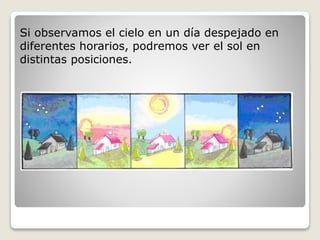Si observamos el cielo en un día despejado en 
diferentes horarios, podremos ver el sol en 
distintas posiciones. 
 