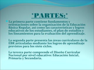 *PARTES:*
La primera parte contiene fundamentos y
orientaciones sobre la organización de la Educación
Básica Regular, así como las características y logros
educativos de los estudiantes, el plan de estudios y
los lineamientos para la evaluación del aprendizaje.
La segunda parte presenta las áreas curriculares de la
EBR articuladas mediante los logros de aprendizaje
previstos para los siete ciclos.
La tercera parte comprende el Diseño Curricular
Nacional por nivel educativo: Educación Inicial,
Primaria y Secundaria.
 