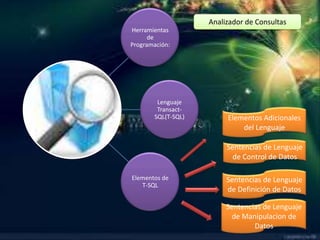Analizador de Consultas
Herramientas
      de
Programación:




        Lenguaje
        Transact-
       SQL(T-SQL)        Elementos Adicionales
                             del Lenguaje

                         Sentencias de Lenguaje
                           de Control de Datos

Elementos de             Sentencias de Lenguaje
   T-SQL
                         de Definición de Datos

                         Sentencias de Lenguaje
                           de Manipulacion de
                                 Datos
 