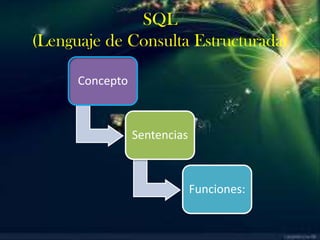 SQL
(Lenguaje de Consulta Estructurada)

      Concepto



                 Sentencias



                              Funciones:
 