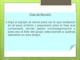 Fase de Reunión
 Aquí

el equipo se reúne para ver lo que realizaron
en el paso anterior y prepararse para la fase que
comenzará, donde deben contraargumentar y
para eso el líder del grupo seleccionará a quienes
debatirán en esta etapa.

 